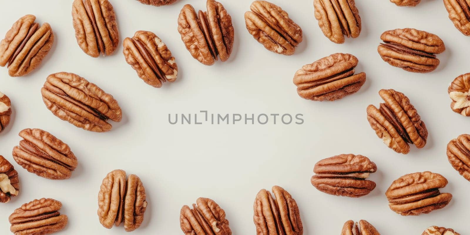 Pecans arranged in symmetrical circle for nut themed design and culinary inspiration.