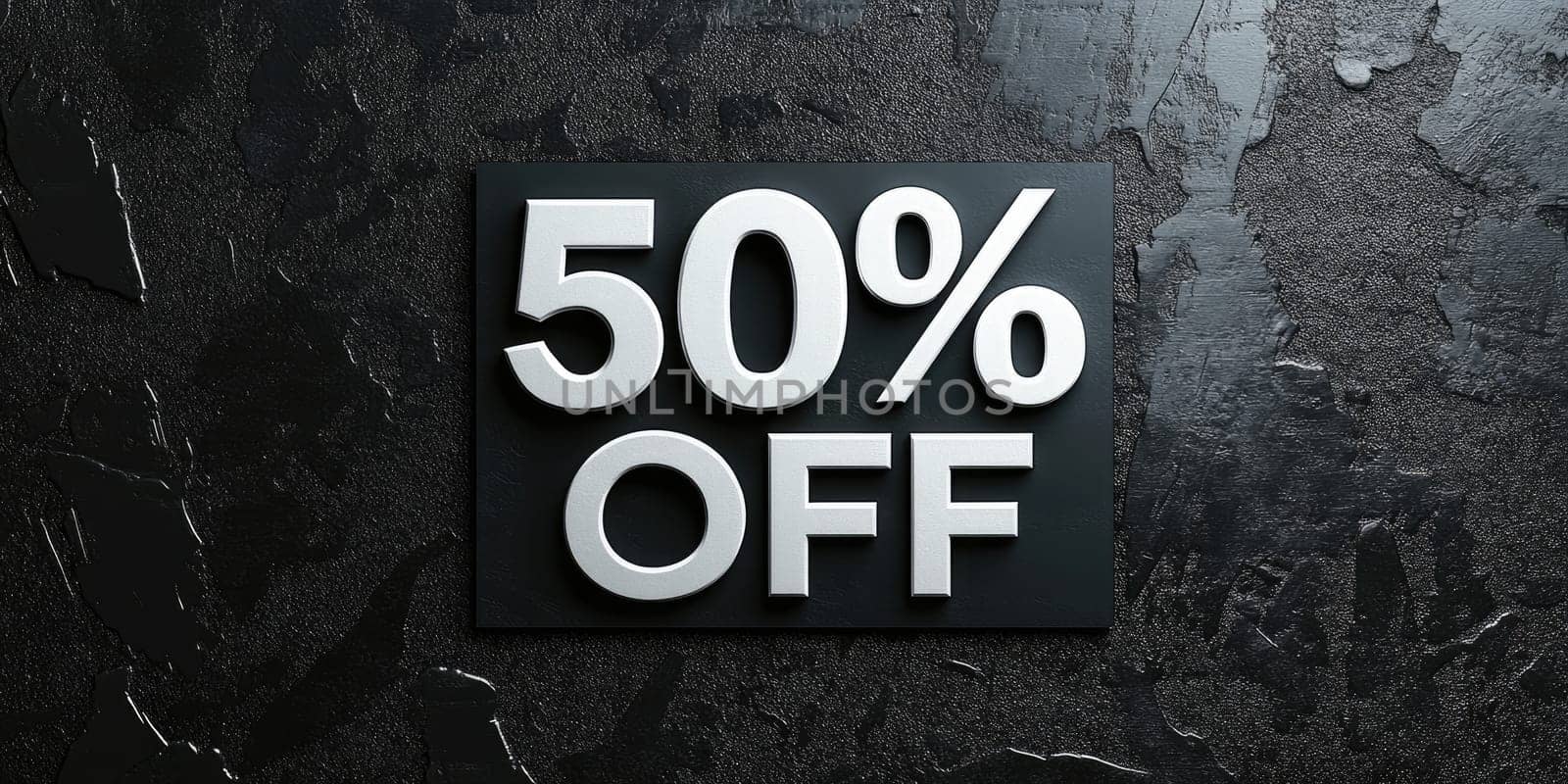 Bold 50 percent off discount design on textured black background.