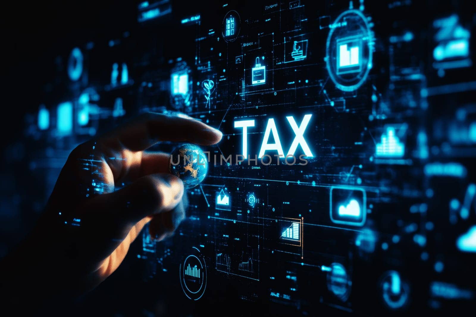 income tax concept. Businessman pointing to tax icon. income tax system icon around. pay online income tax. futuristic virtual screen interface technology. High quality illustration