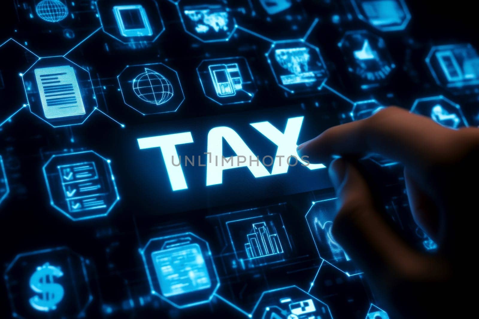 income tax concept. Businessman pointing to tax icon. income tax system icon around. pay online income tax. futuristic virtual screen interface technology..