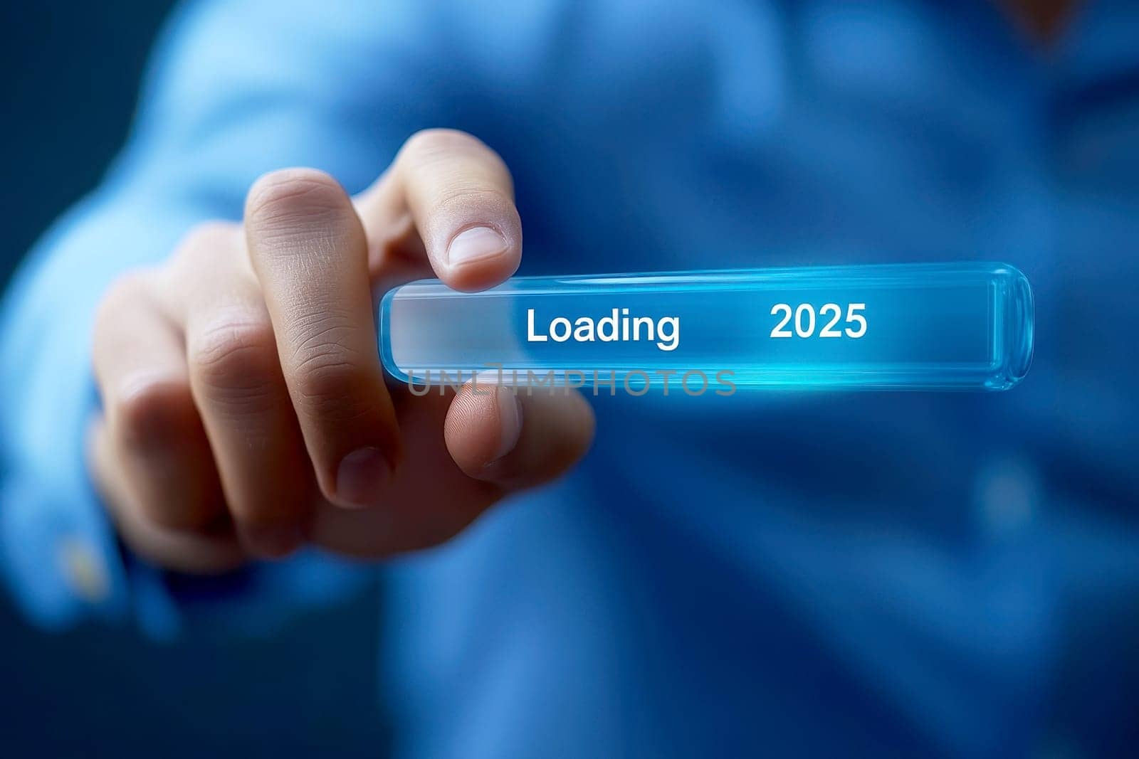 Businessman pointing to 2025 text, loading bar for count down from 2024 to 2025 year, Start up business and success..