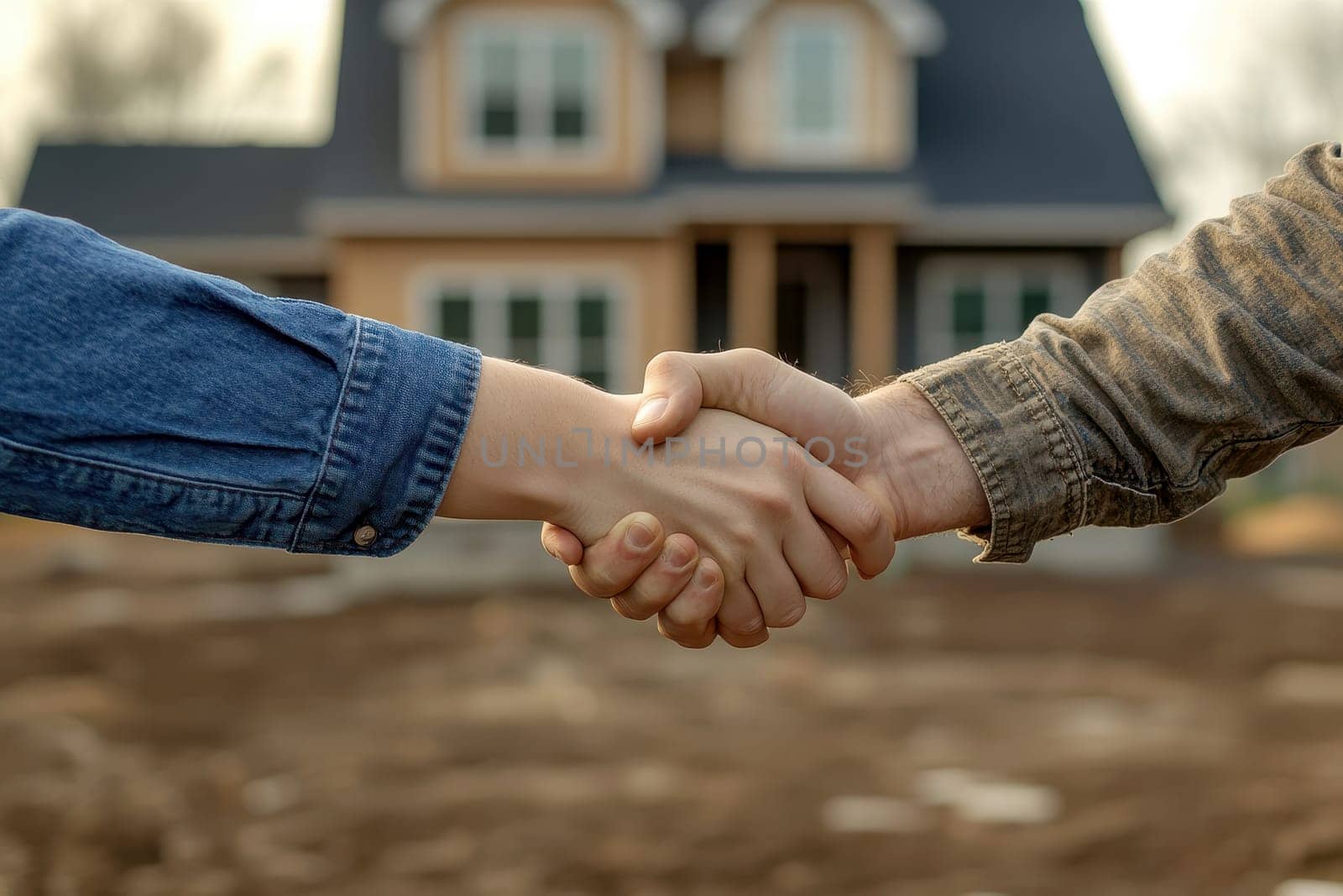 Two people shaking hands in front of a house, with focus on their hands and the house softly blurred in the background. High quality illustration