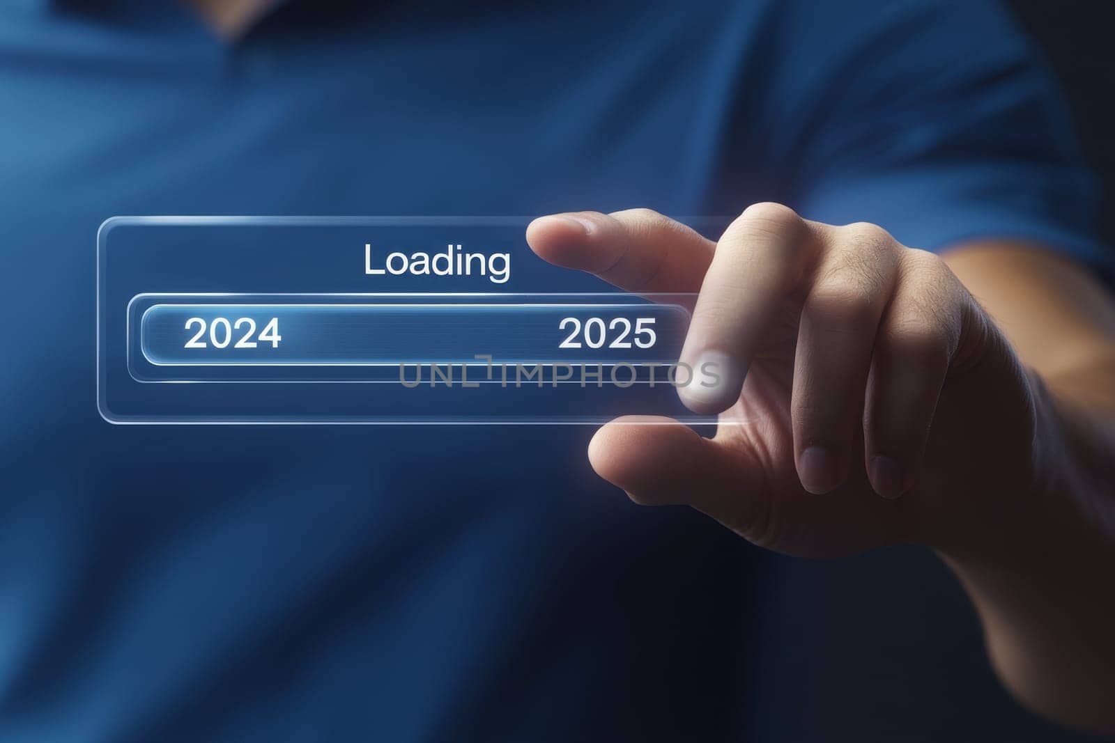 Businessman pointing to 2025 text, loading bar for count down from 2024 to 2025 year, Start up business and success..
