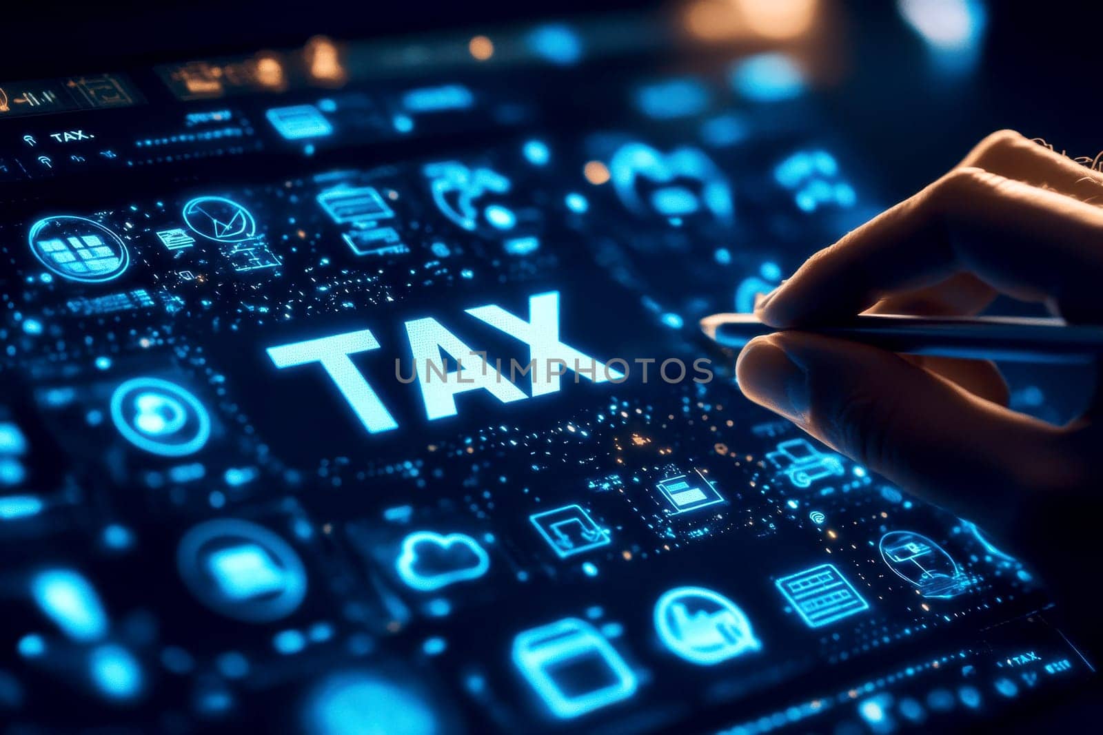 income tax concept. Businessman pointing to tax icon. income tax system icon around. pay online income tax. futuristic virtual screen interface technology..