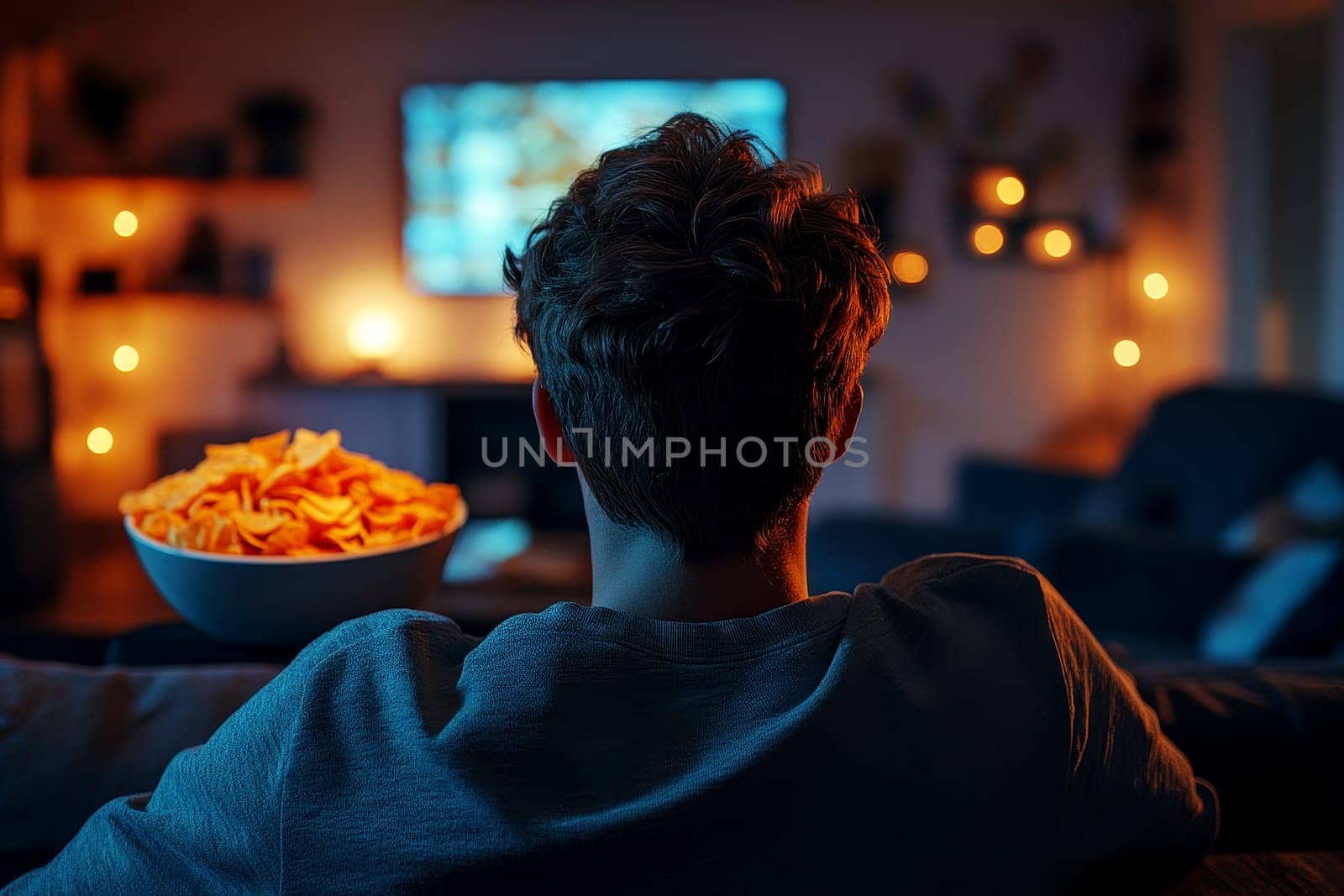 Cinematic back shot there are snacks on the table, and the young guys is watching TV. A bowl of potato chips is placed on the table --chaos 2 --ar 3:2 --stylize 400 --v 6.1 Job ID: cb8bfe67-d436-4584-b468-0290bcc2dbf3