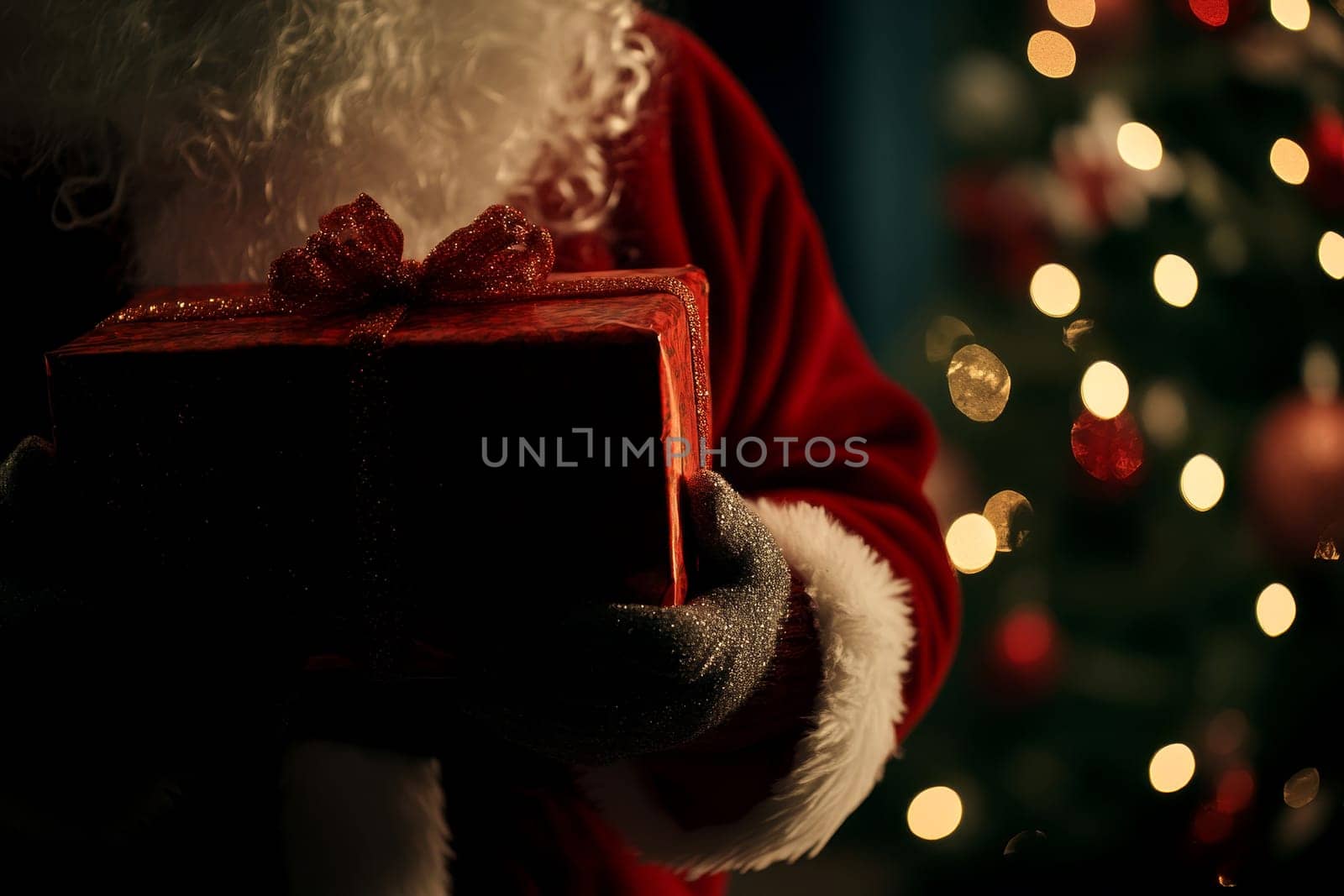 Close up shot of a santa clause outfit carrying gift box. christmas spirit, holiday mood.