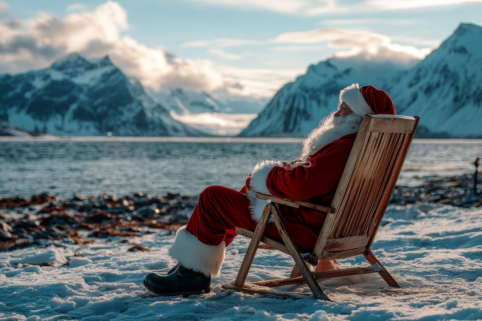 a Santa Claus sitting on beach chair to holiday calm on a cold arctic ice with snowy mountains..
