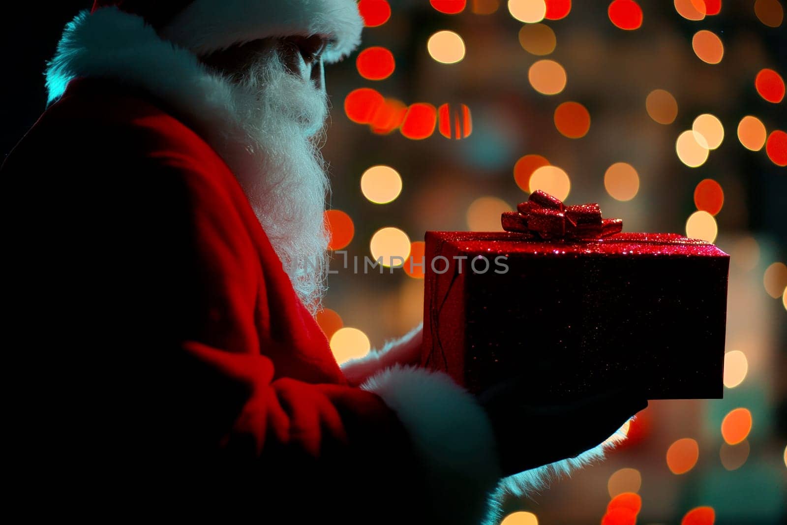 Close up shot of a santa clause outfit carrying gift box. christmas spirit, holiday mood.