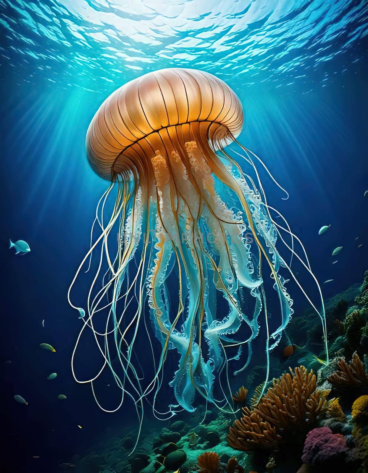 A close-up of a jellyfish with its intricate patterns and delicate tentacles. The vibrant colors and intricate details of this creature are truly breathtaking. Jellyfish swimming in unison, creating a mesmerizing spectacle of movement and color.