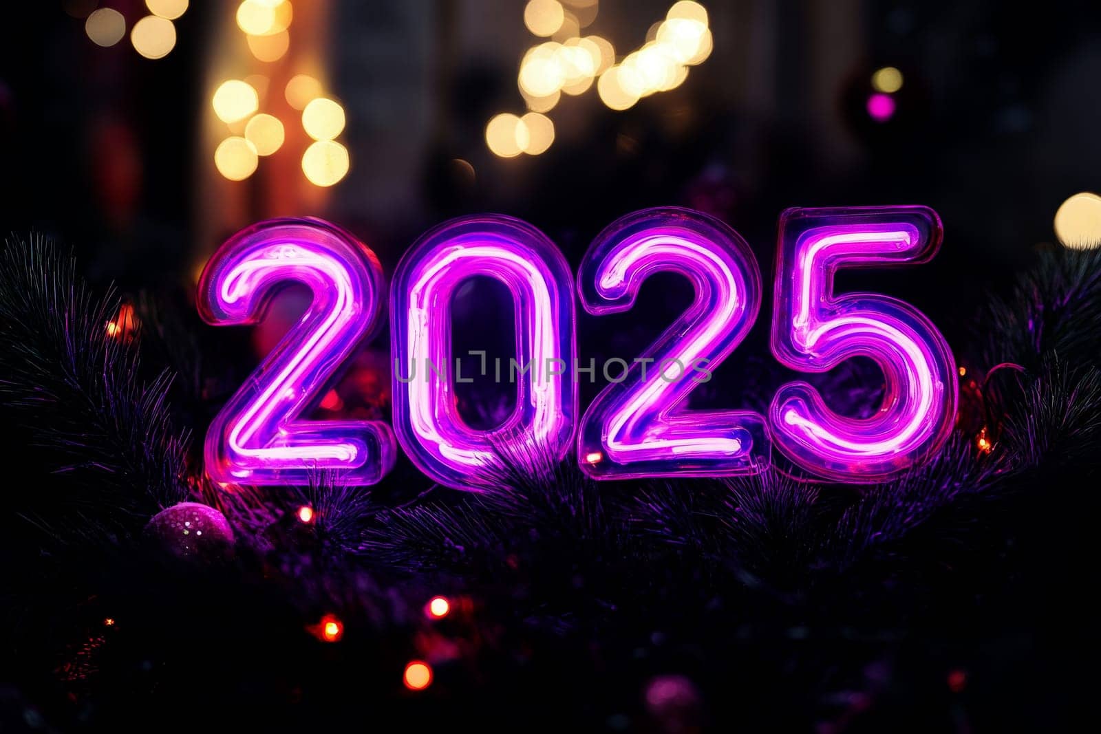 Brightly lit party scene with neon happy new year 2025 text and glowing confetti, futuristic celebration, 3d illustration. New Year 2025. Ultra realistic. Photorealistic. High quality illustration