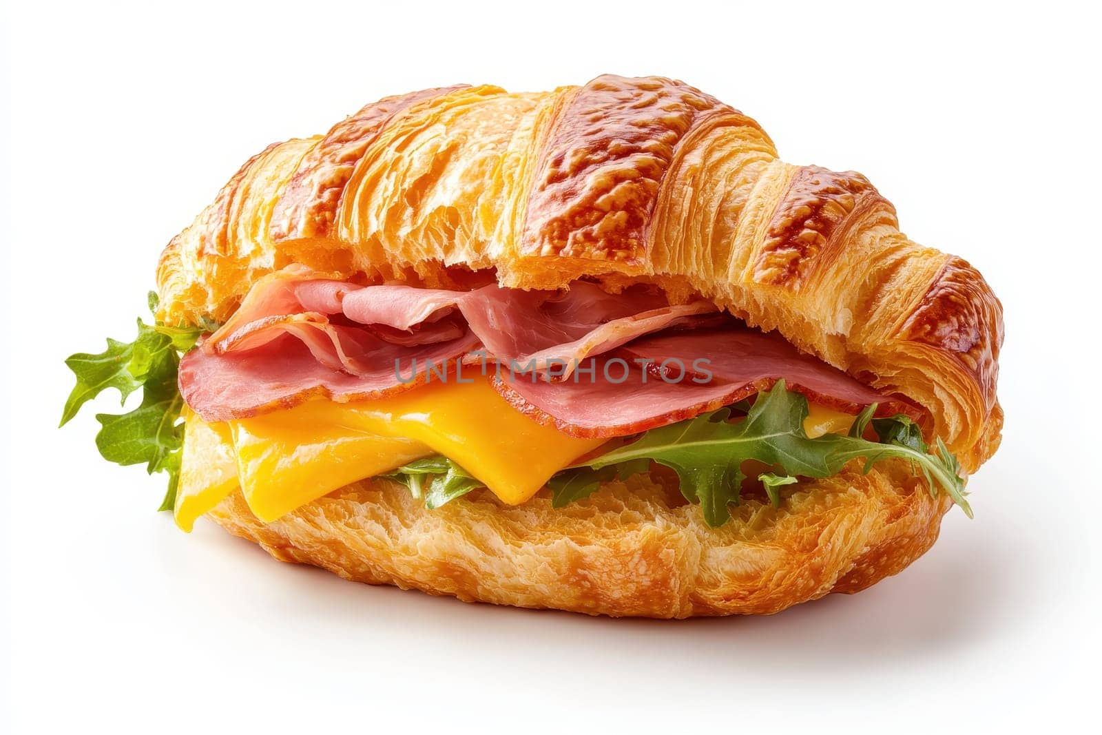 Breakfast croissant delicious ham and cheddar on wooden board on isolate white background..