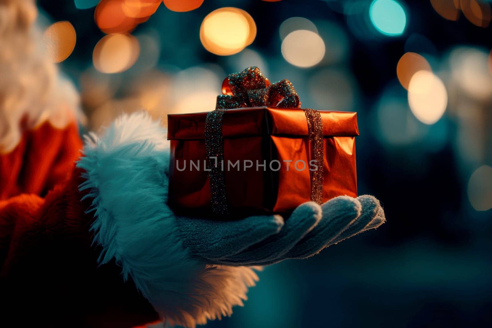 Close up shot of a santa clause outfit carrying gift box. christmas spirit, holiday mood.