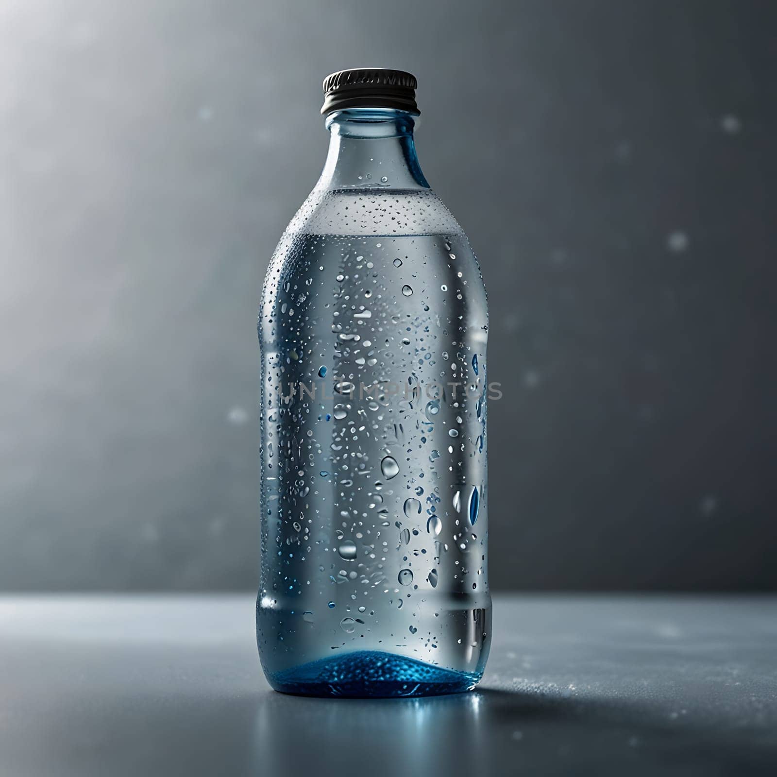 A close-up photo of a glass bottle of water with condensation on its surface. The bottle is standing on a gray surface, and the background is a soft gray gradient. The image is perfect for illustrating the concept of hydration, refreshment, or health. It can be used for various purposes, such as advertising, editorial, or social media content. The photo is high-quality, sharp, and professionally lit. It captures the essence of a refreshing drink on a hot day.
