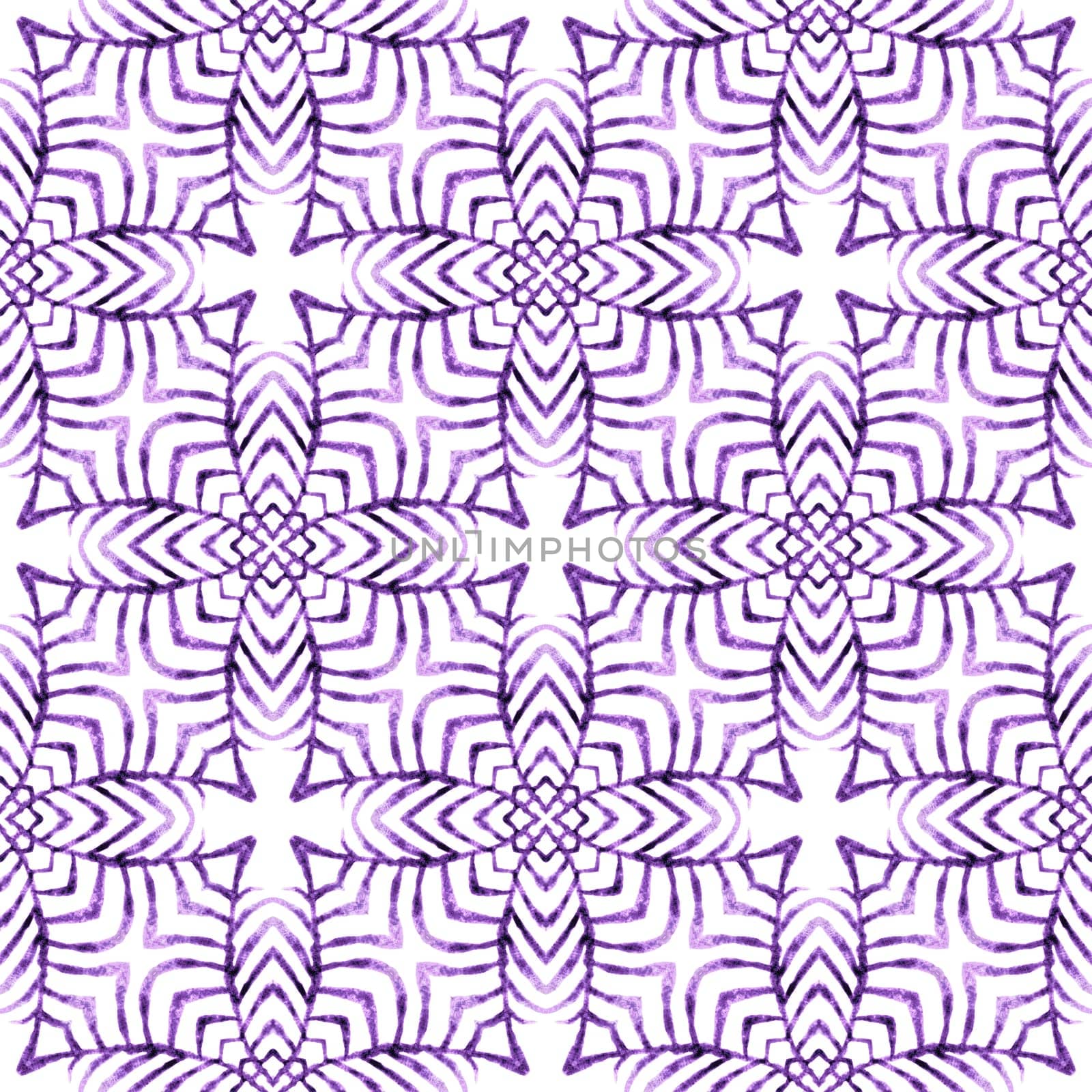 Textile ready immaculate print, swimwear fabric, wallpaper, wrapping. Purple extra boho chic summer design. Watercolor medallion seamless border. Medallion seamless pattern.