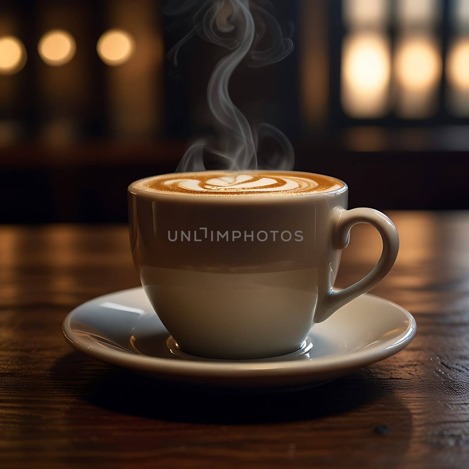 A close-up shot of a steaming cup of latte art coffee in a white ceramic mug with a saucer, placed on a rustic wooden table. The latte art is a heart with a swirl design. Soft bokeh lights and warm lighting add to the cozy ambiance of the image. This photo can be used for various projects such as food blogs, advertisements for coffee shops, or social media posts promoting beverages.