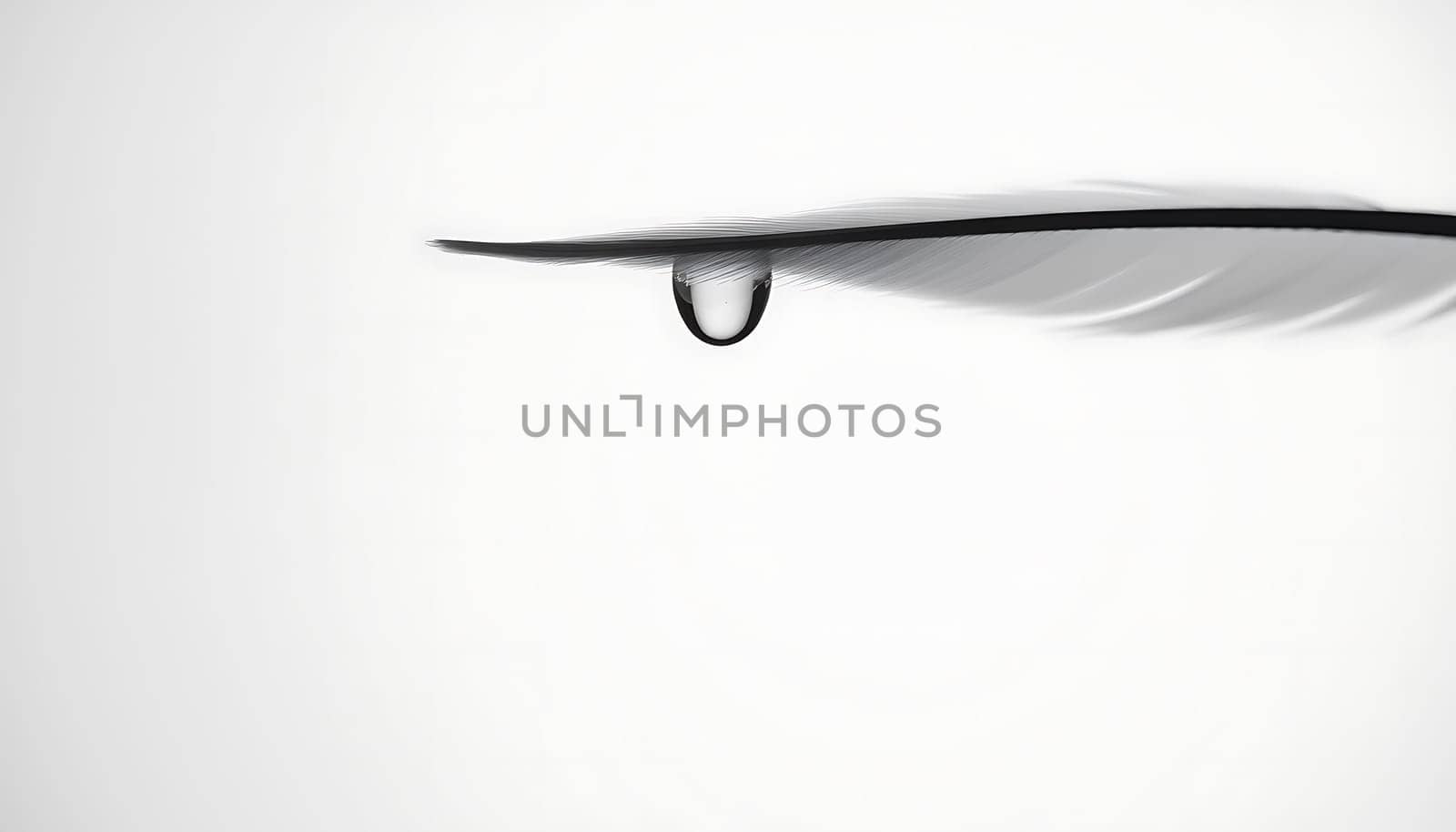 A single water droplet hangs from a white feather against a clean white background. This image has a minimalist aesthetic and would be ideal for use in various contexts, such as beauty, nature, purity, and fragility. The high-resolution photo is perfect for use in design, advertising, or as a standalone image. The simple yet elegant composition makes it a versatile choice for a wide range of projects.,