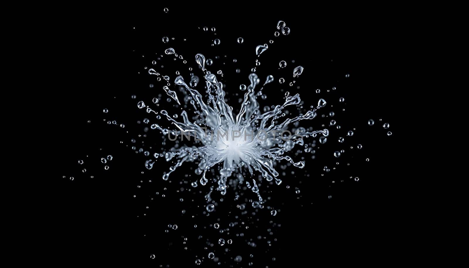 A mesmerizing close-up of a water splash exploding outward, showcasing the intricate details of the droplets and the movement of the liquid. Captured against a black background, this image evokes a sense of energy and dynamism. Ideal for projects related to water, nature, energy, and abstract concepts. It can be used for website backgrounds, print designs, and artistic compositions.,
