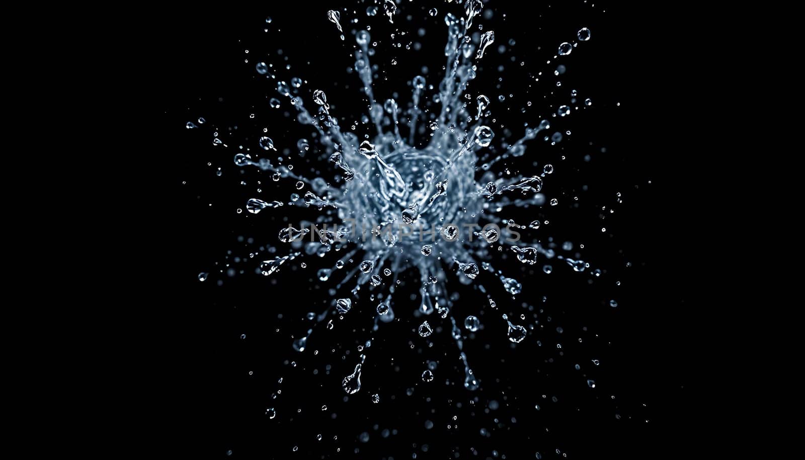 This image showcases a water splash frozen in time, with droplets flying in all directions against a stark black backdrop. Perfect for creating captivating visuals for commercials, product displays, and website designs related to water, freshness, energy, and cleanliness. The high-resolution image allows for flexibility in cropping and resizing, offering a versatile tool for designers. The clean, crisp image is easy to incorporate into various projects without the need for extensive editing.,