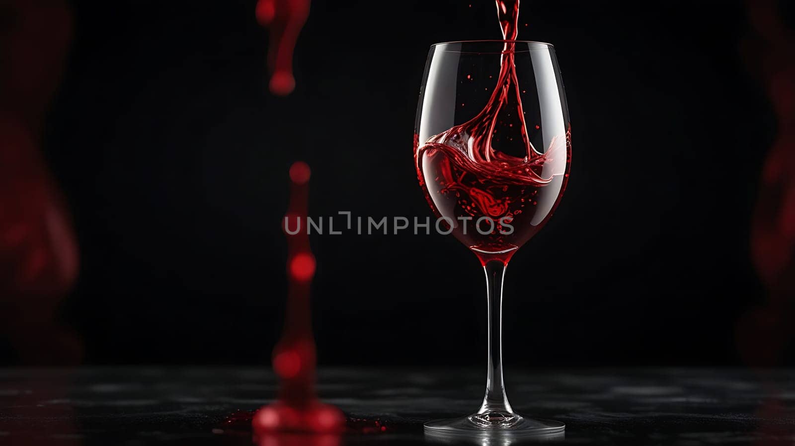 A close-up shot of a glass of red wine being poured, showcasing the liquid's dynamic flow and the rich, deep color of the wine. The dark background highlights the contrast between the glass and the liquid, creating a visually stunning and elegant composition. This image can be used for various purposes, including advertising, marketing, and editorial content. It evokes a sense of luxury, sophistication, and indulgence. ,