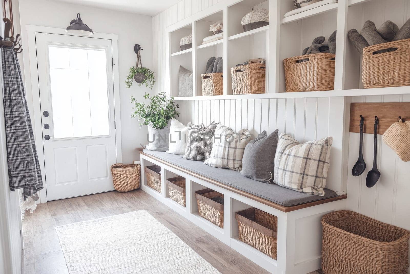Spacious mudroom with built-in bench, open shelving, and storage baskets, featuring natural light and rustic decor elements by sfinks