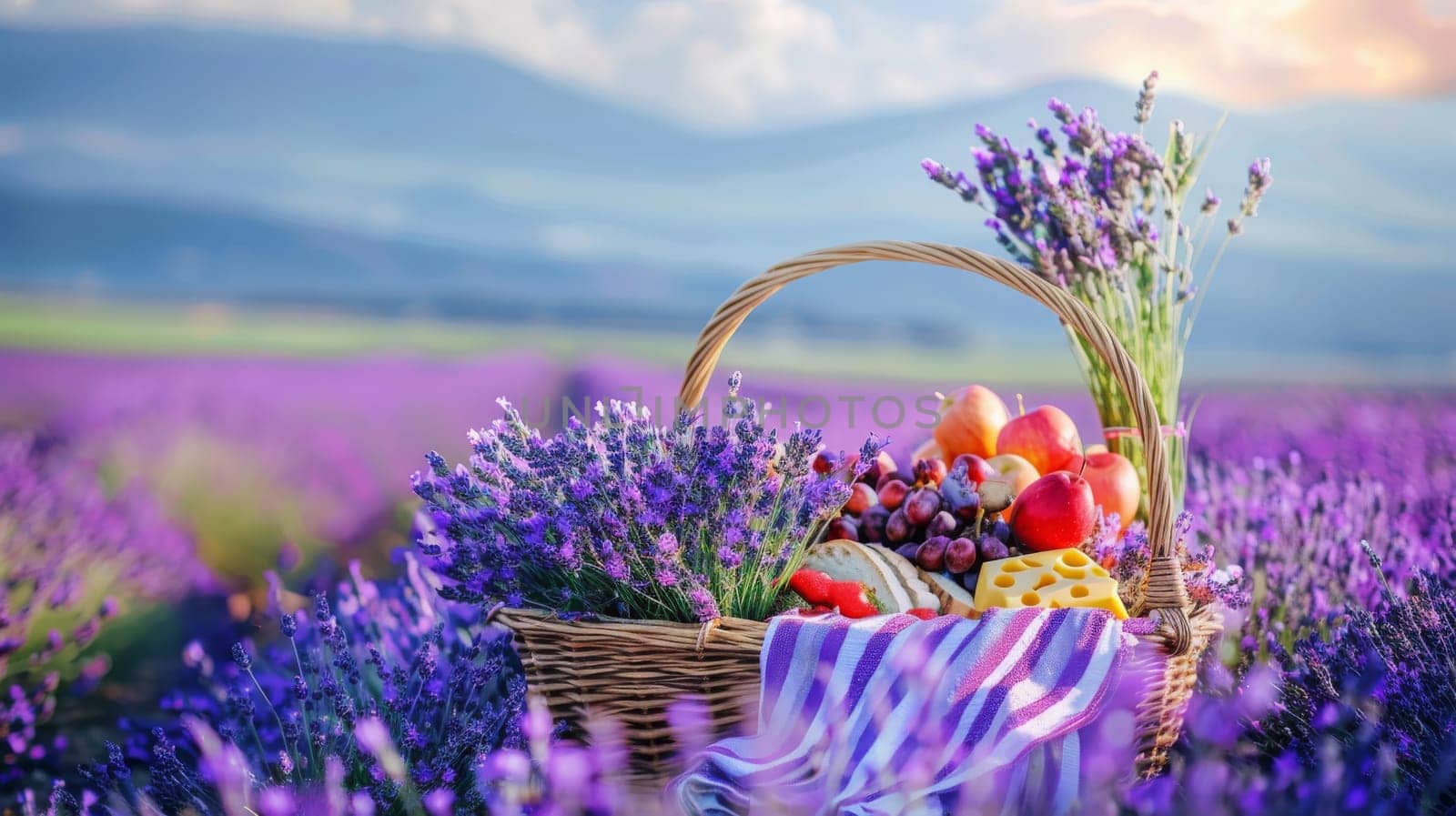 picnic in a lavender field with wine. Selective focus. Generative AI, food