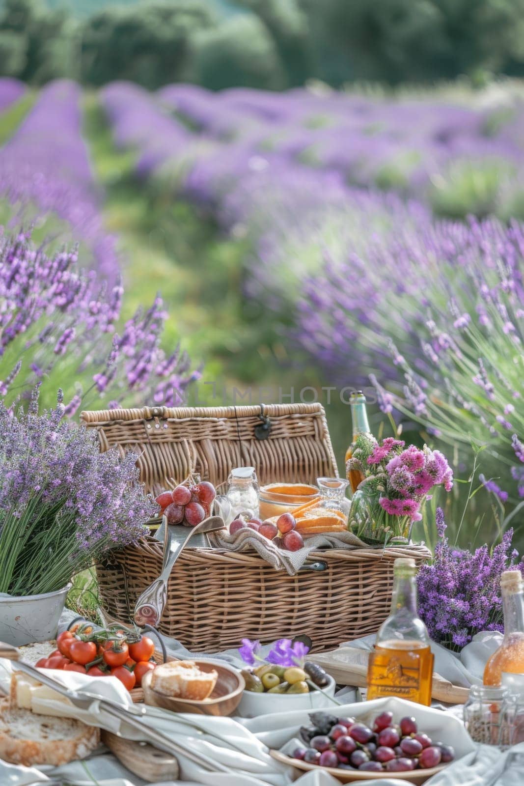 picnic in a lavender field with wine. Selective focus. Generative AI, food
