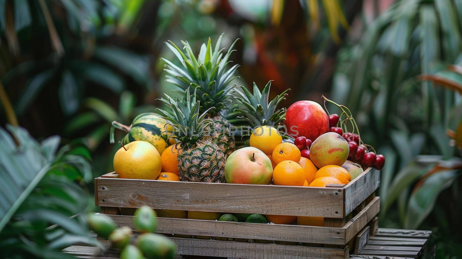 fresh tropical fruits in a wooden box, Generative AI, nature