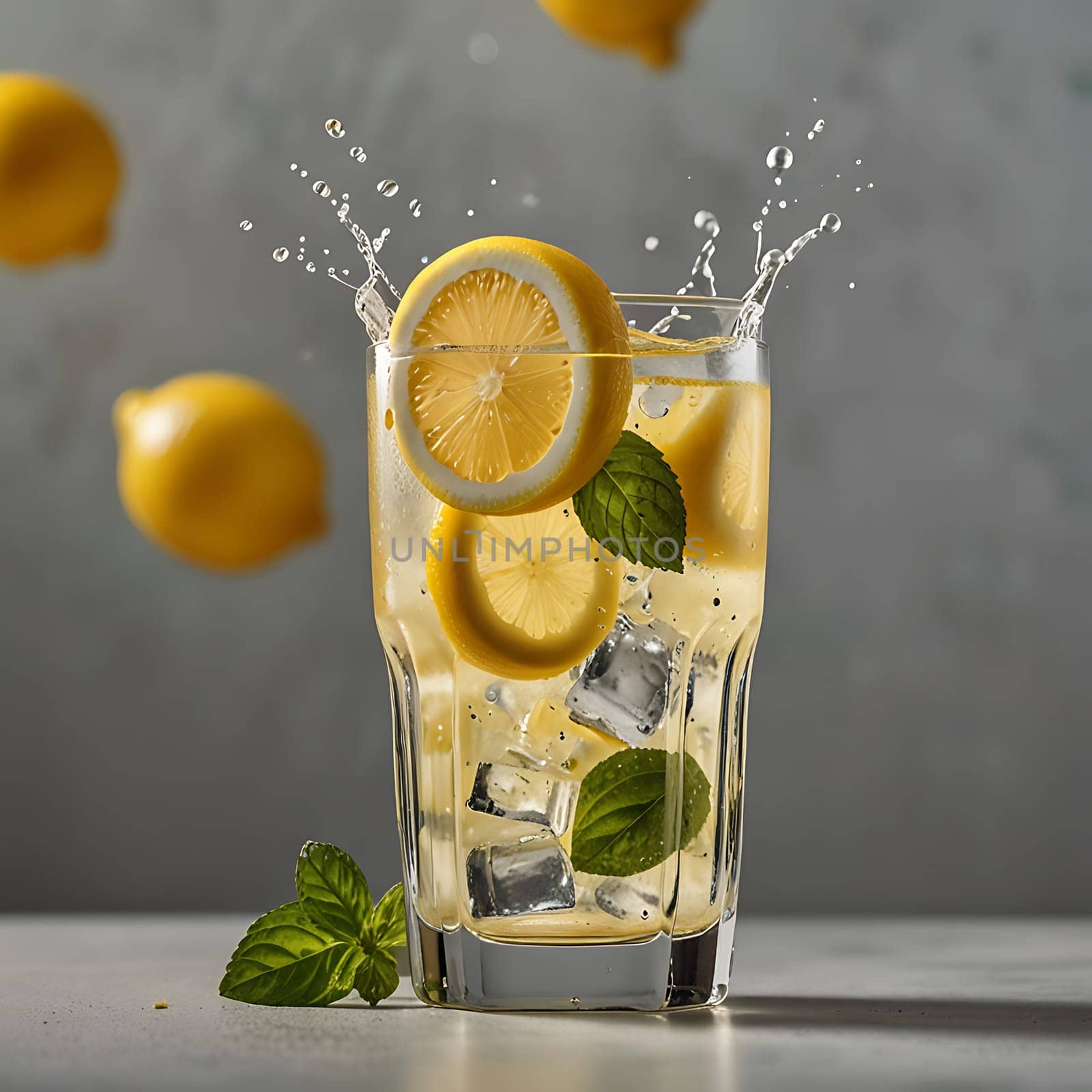 A refreshing glass of lemonade with lemon slices, mint leaves, and ice cubes. The lemon is falling into the glass, creating a splash of water. This image is perfect for showcasing summer drinks, healthy beverages, and refreshing cocktails. It can also be used for food and drink advertising, branding, and editorial content.