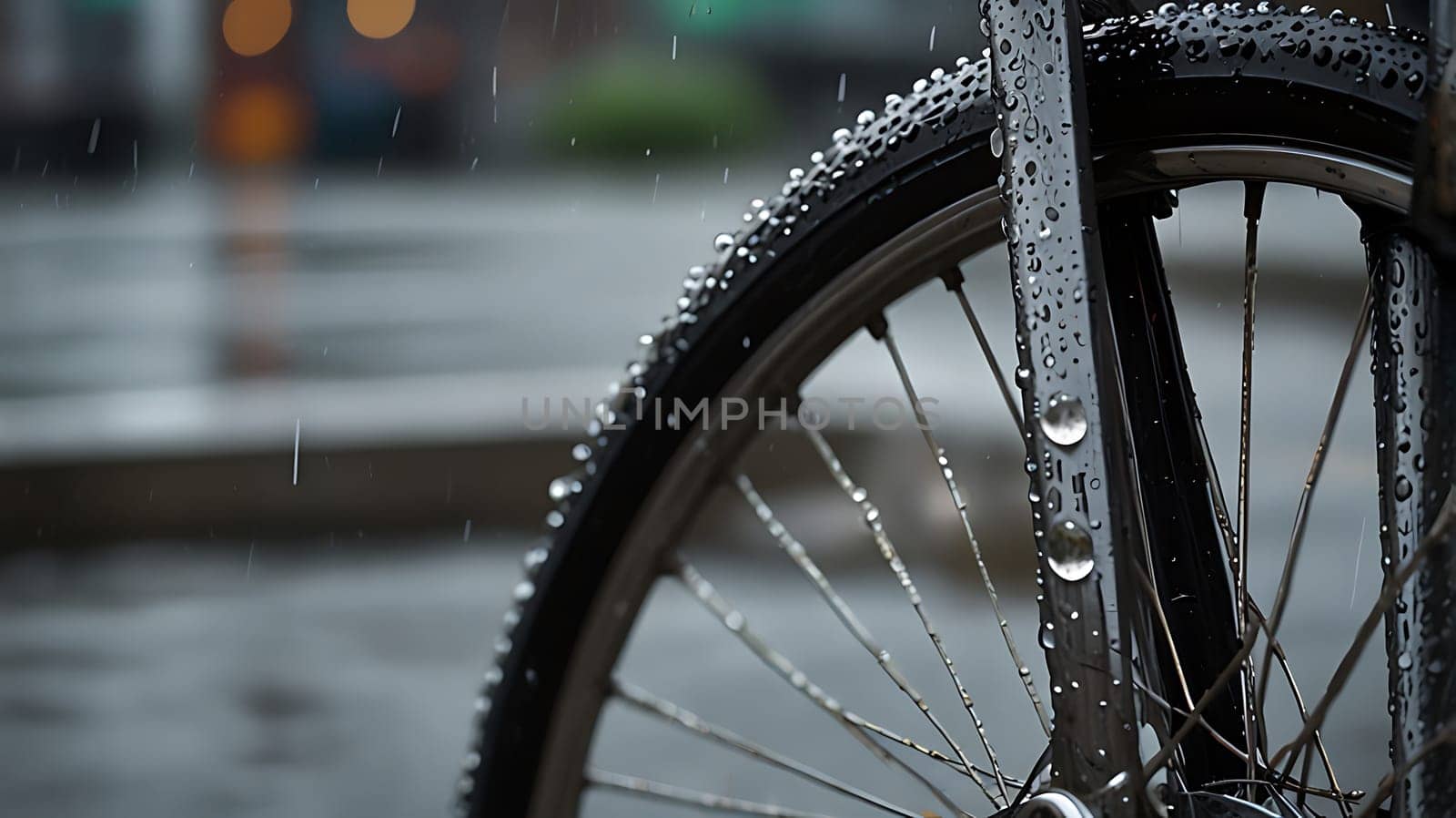 Close-up shot of a bicycle wheel covered in raindrops. The image captures the detail of the tire tread, spokes, and water droplets. It can be used for concepts related to cycling, weather, transportation, and nature. The blurred background adds a sense of depth and movement.,