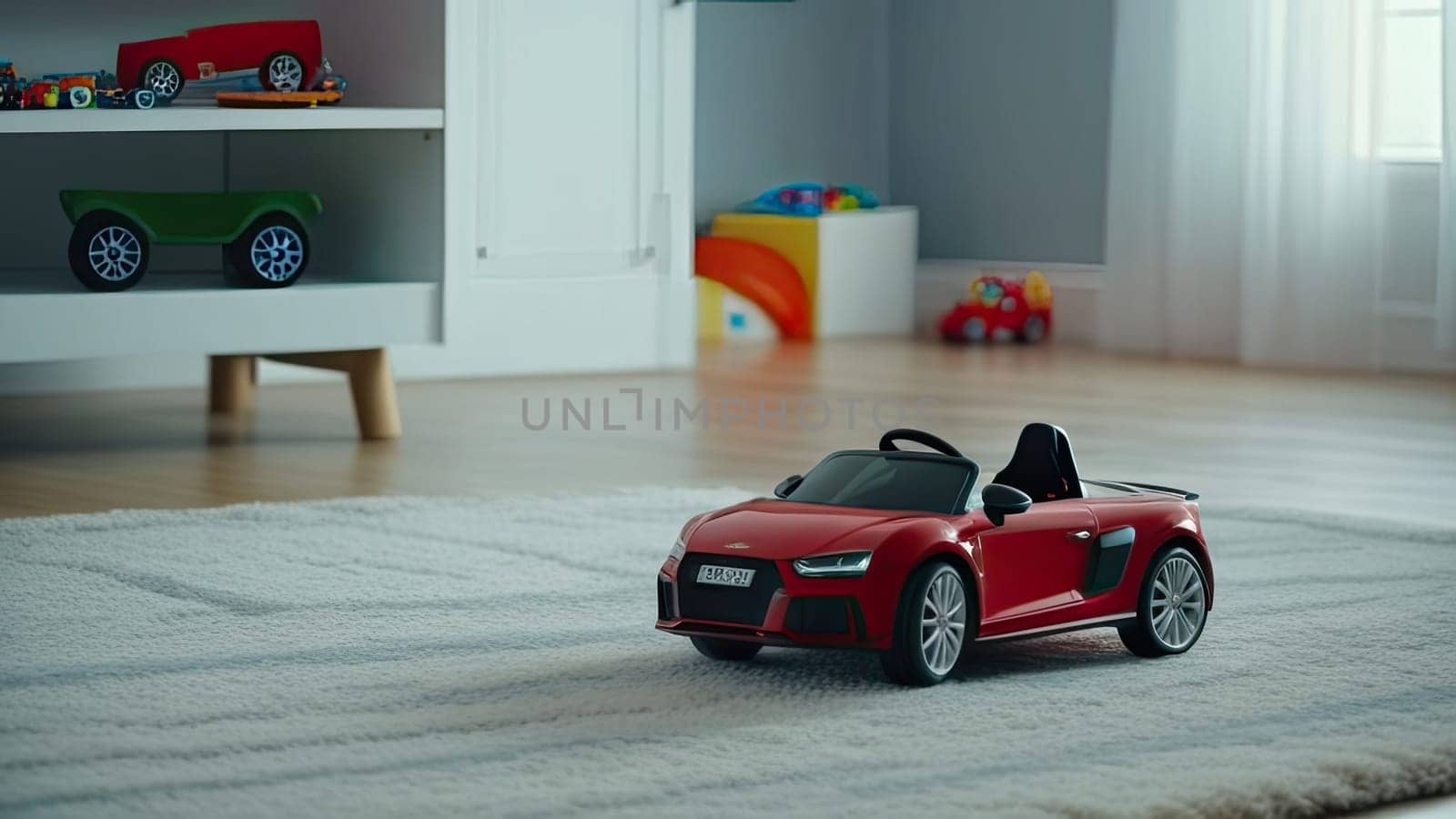 Children's toy. A toy sports children's car, convertible, red on the floor in the children's room. Concept. Interior of a children's room.