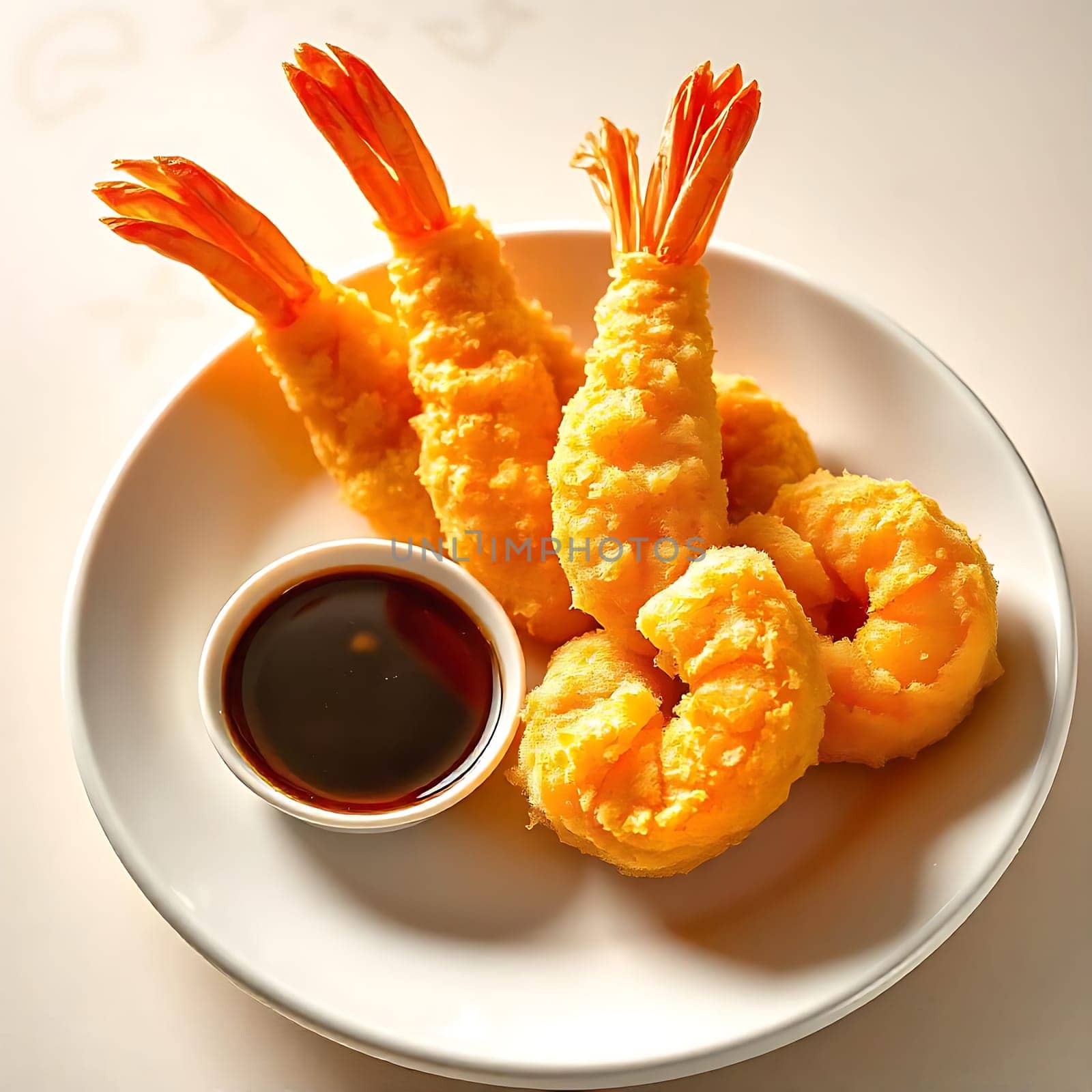 A close-up shot of a plate of crispy tempura shrimp served with a dipping sauce. The shrimp are golden brown and perfectly cooked, with a delicate, crispy batter. The dipping sauce is rich and flavorful, adding a touch of umami to the dish. This image is perfect for illustrating articles on Japanese cuisine, seafood dishes, or appetizers. It can also be used for food blogs, restaurant menus, or advertising materials for tempura restaurants.,