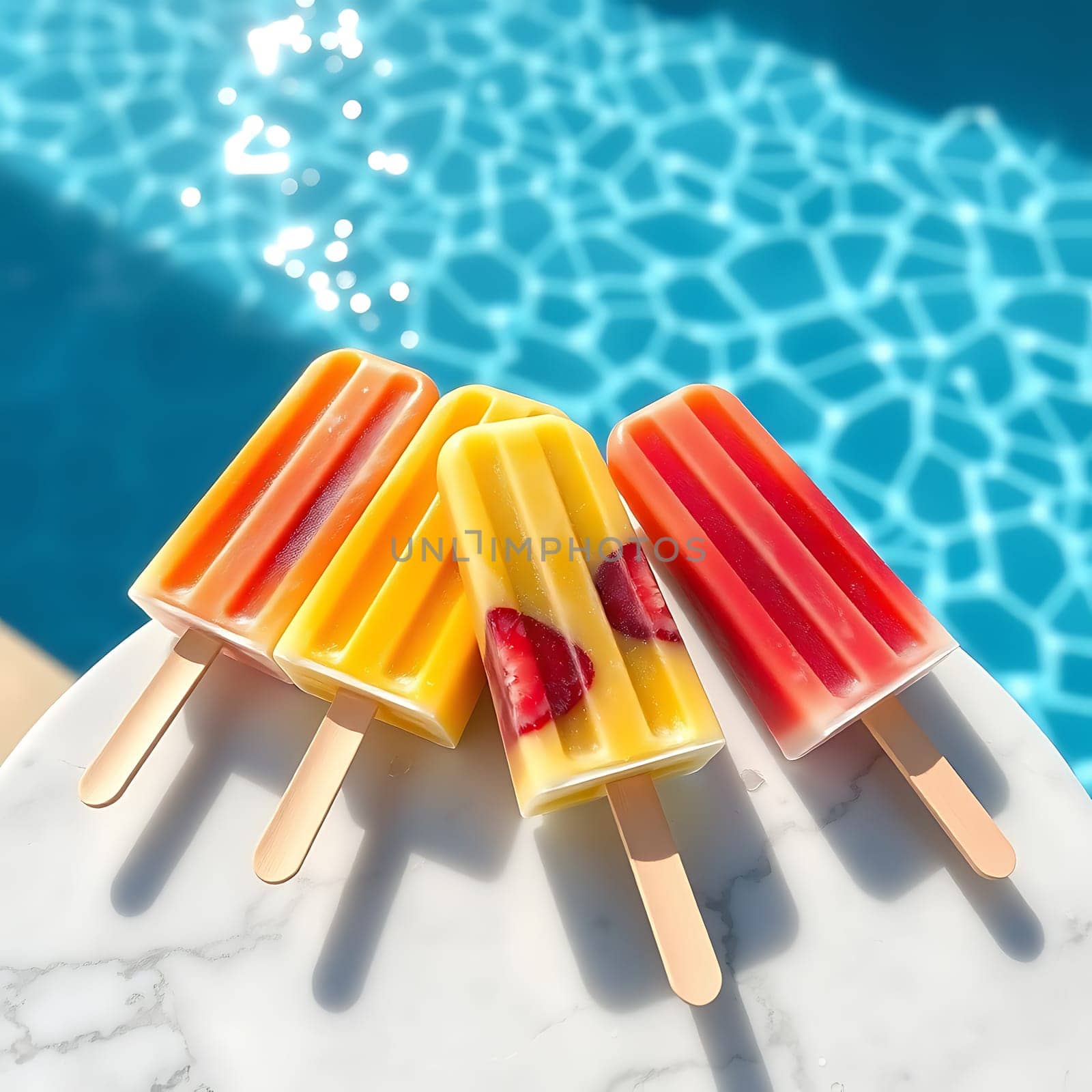 A close-up shot of three colorful popsicles on a white marble surface, with a blurred background of a sparkling blue swimming pool. These popsicles are perfect for summer parties, picnics, and poolside treats. The bright colors and refreshing look make this image ideal for advertising, social media, and food blogs. The vibrant colors, close-up framing, and summery feel make this image perfect for advertising, social media, and food blogs.,