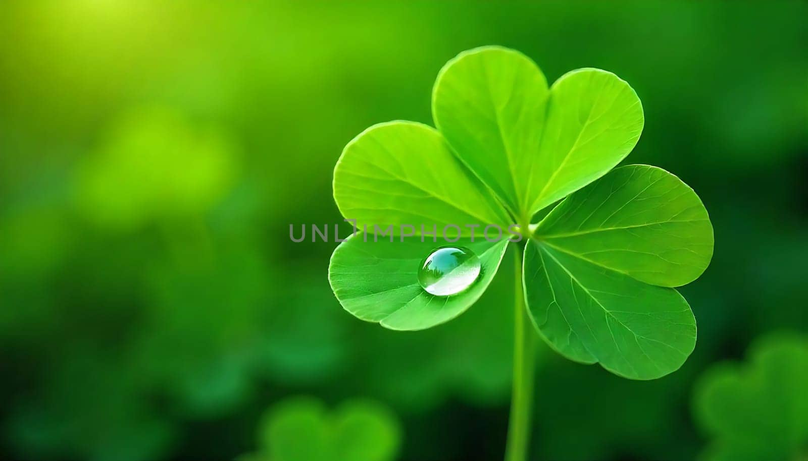 A close-up photograph of a vibrant green clover leaf with a single dewdrop resting on its surface. The leaf is in sharp focus, highlighting its delicate veins and texture. The background is a soft, blurred green, creating a sense of depth and tranquility. This image evokes a feeling of freshness, growth, and good luck. Perfect for nature photography, botanical illustrations, and St. Patrick's Day designs. ,
