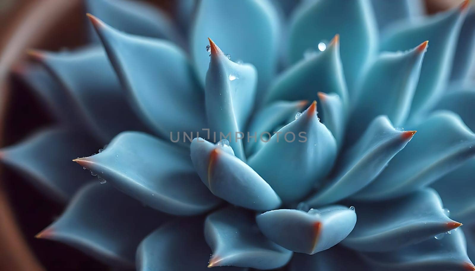 A macro photograph of a blue succulent with dew drops on its leaves. The image showcases the intricate details of the plant's structure and texture. The soft, diffused light creates a sense of tranquility and highlights the delicate beauty of nature. This image is perfect for projects related to nature, botany, gardening, and beauty. It can also be used as a decorative element for websites, social media, and print media.