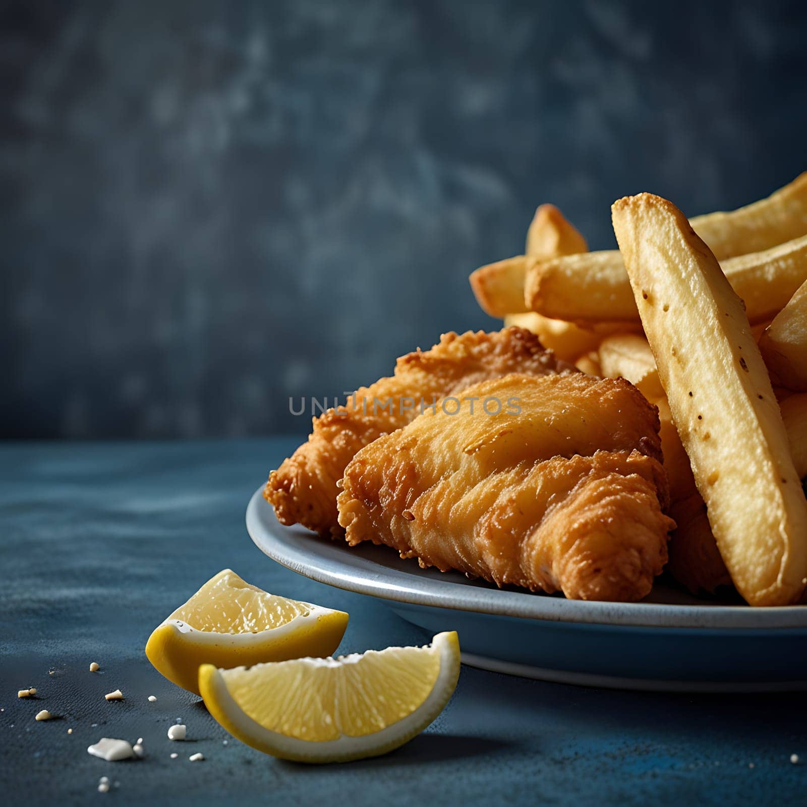 A close-up shot of a plate of freshly fried fish and chips, garnished with lemon wedges. The fish is golden brown and crispy, while the chips are perfectly golden and fluffy. The image is perfect for use in food blogs, restaurant menus, or advertising campaigns for fish and chips. The plate is set on a blue background, with a few lemon wedges and salt sprinkled around it. The image evokes a sense of deliciousness and indulgence. ,