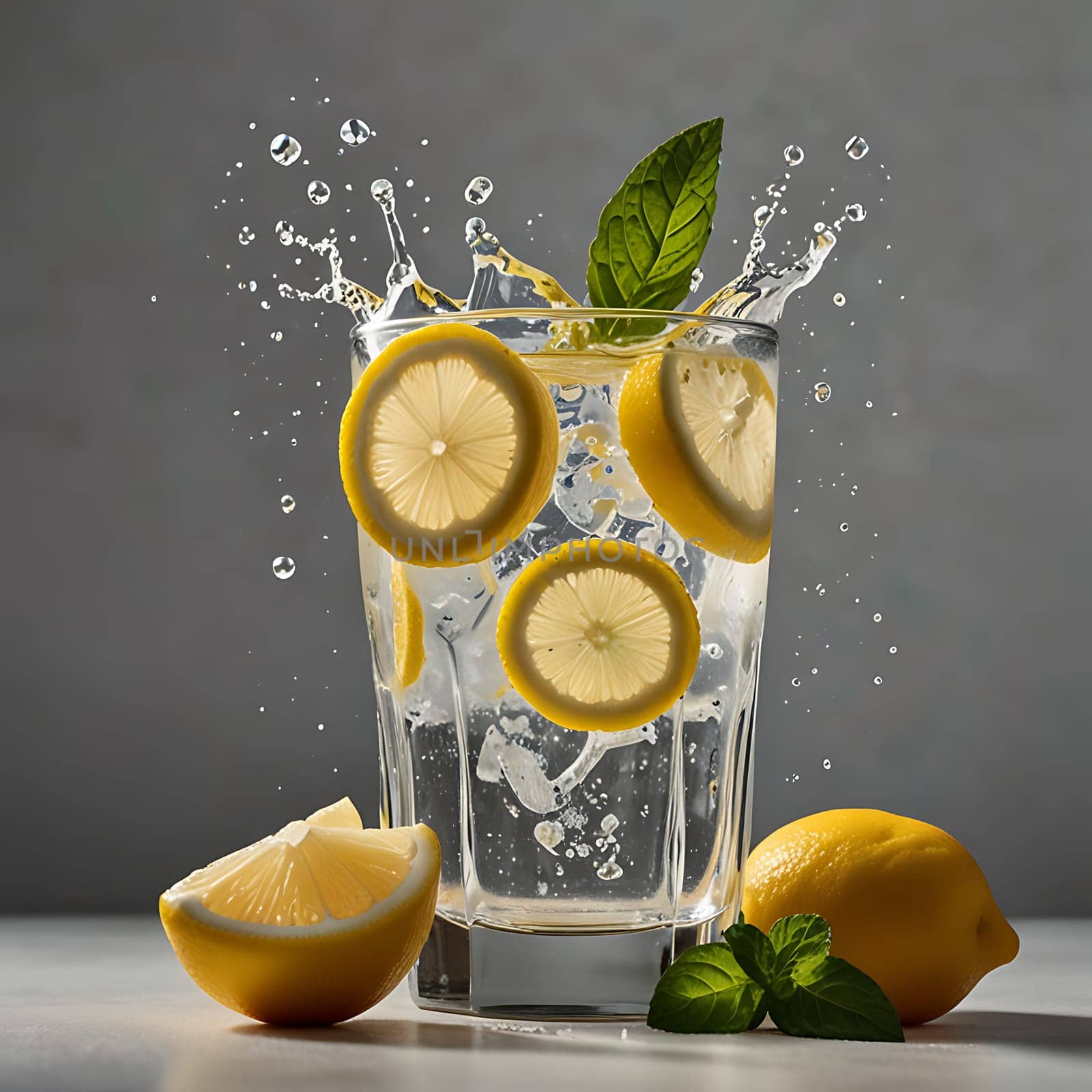 A close-up shot of a glass of refreshing lemon water with ice and mint leaves, captured in a dynamic splash. The image showcases the vibrant yellow of the lemon slices against a gray background, creating a visually appealing and thirst-quenching composition. Perfect for advertising, food blogs, or representing healthy beverages.