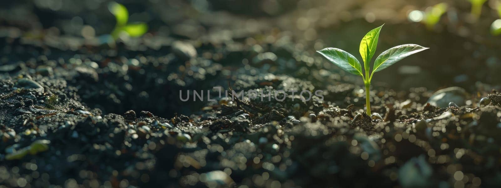 Young sprout growing in the soil cad. selective focus. Generative AI, nature