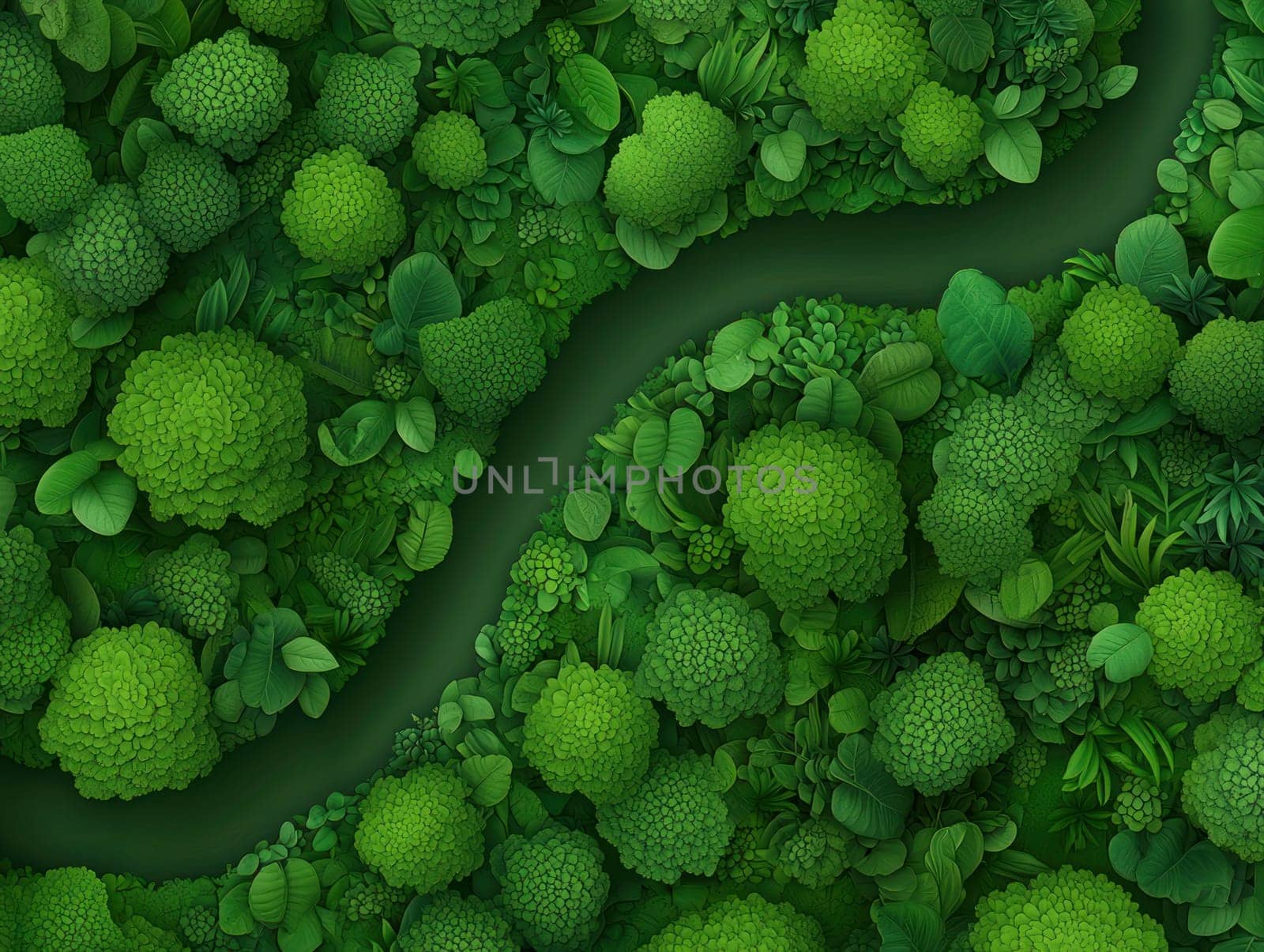 Lush green foliage with winding river creates serene landscape.