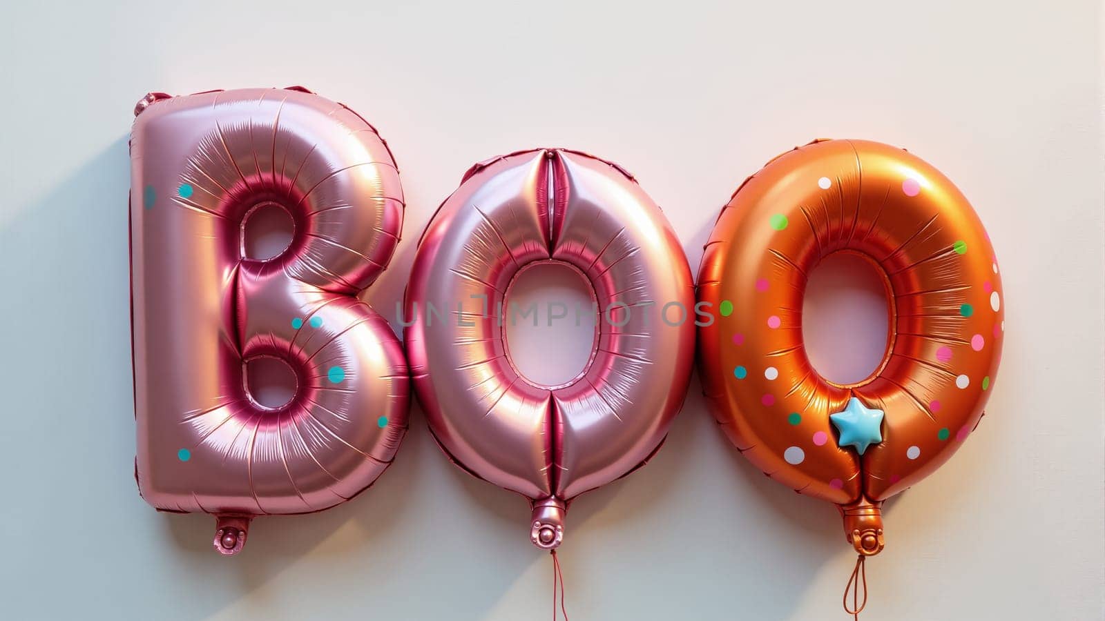 Colorful balloons arranged to spell Boo create a fun and festive atmosphere, perfect for Halloween celebrations. The shiny materials reflect light, making the setting inviting and lively.