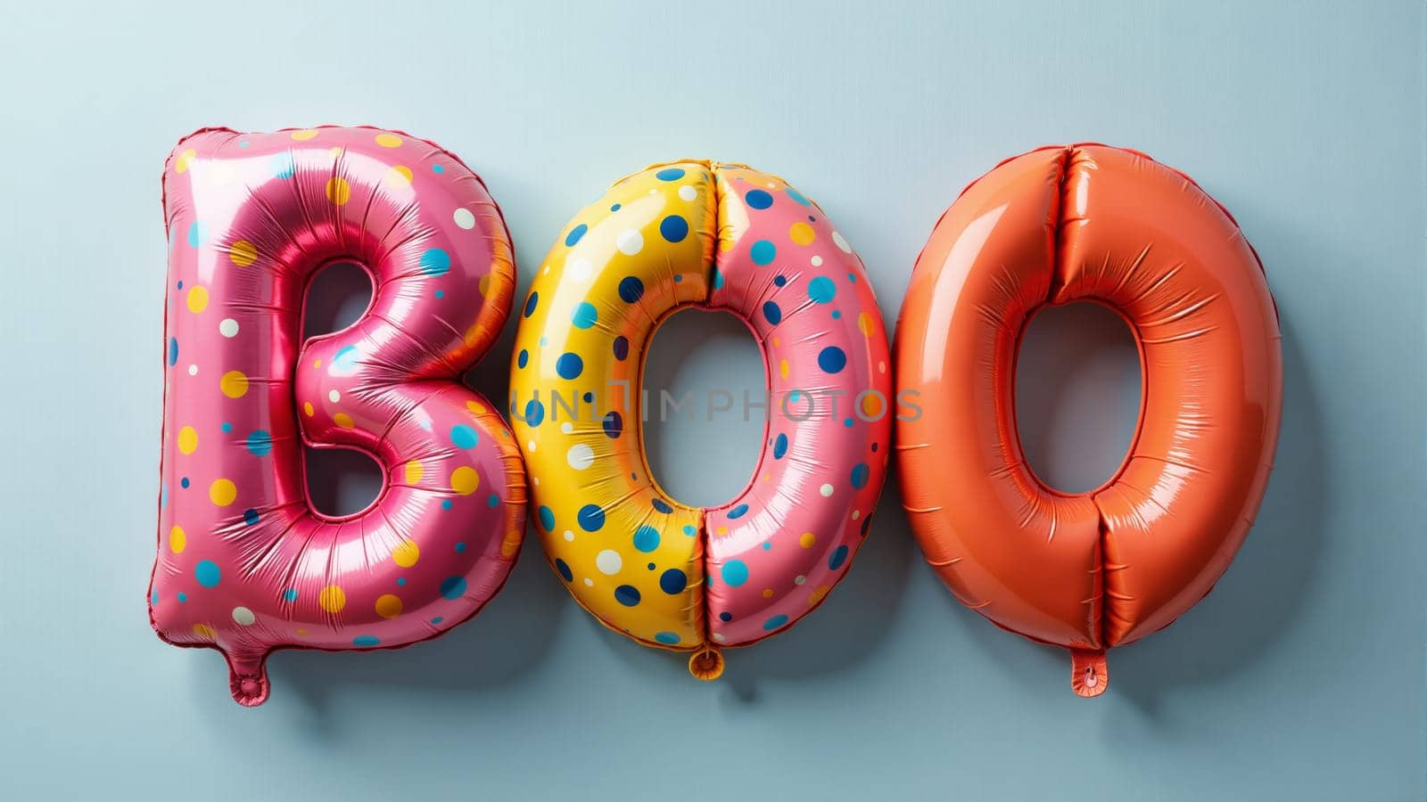 Colorful balloons arranged to spell Boo create a fun and festive atmosphere, perfect for Halloween celebrations. The shiny materials reflect light, making the setting inviting and lively.