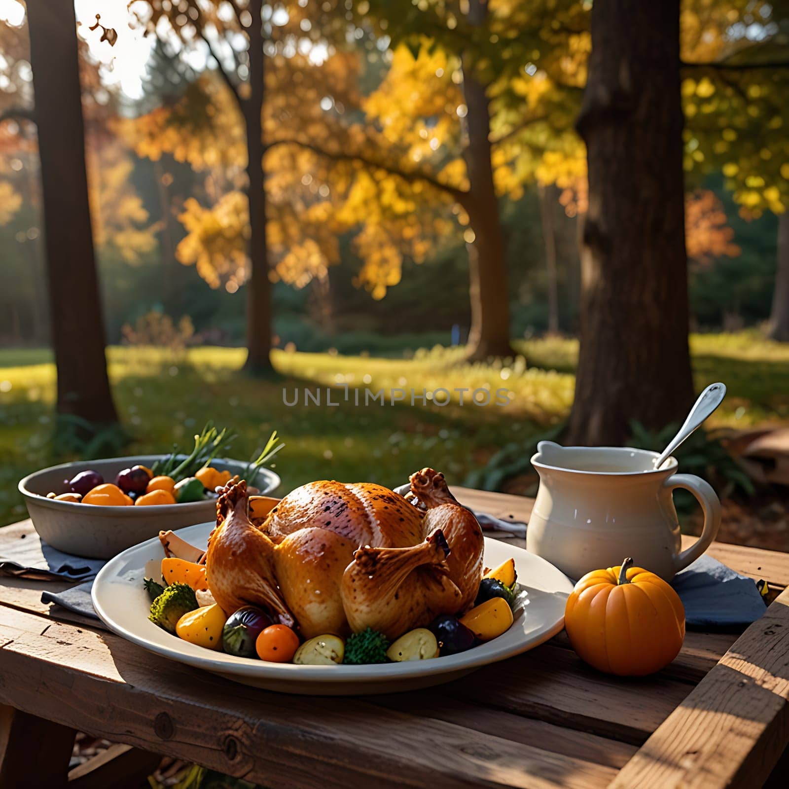 A delicious roasted turkey dinner with side dishes, set on a wooden table in an autumn forest setting. The background features colorful fall foliage, creating a cozy and festive atmosphere. The image is perfect for use in advertisements, cookbooks, or any project related to food, Thanksgiving, or the fall season.