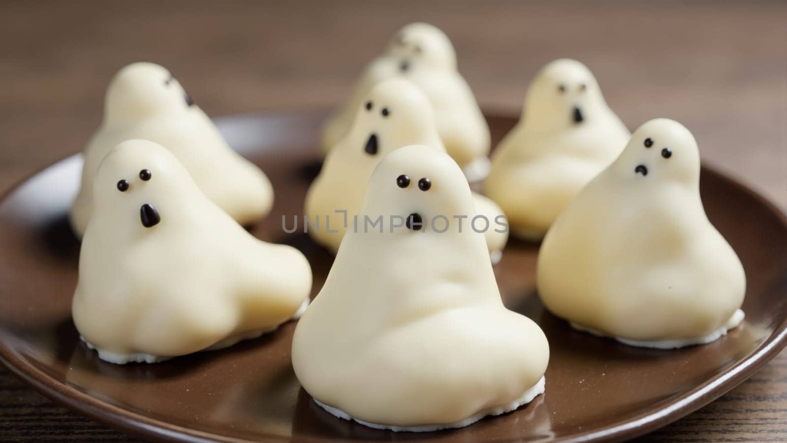 A charming collection of ghost-shaped confections with expressive faces sits on a plate, inviting festive joy. Their playful designs add a whimsical touch to Halloween festivities.