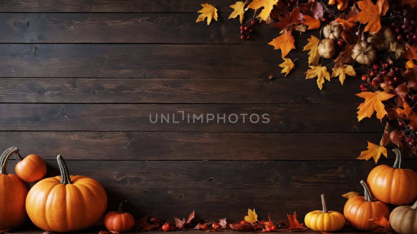A delightful autumn arrangement features bright pumpkins nestled amidst colorful leaves and clusters of berries, creating a warm and inviting atmosphere perfect for the fall season.