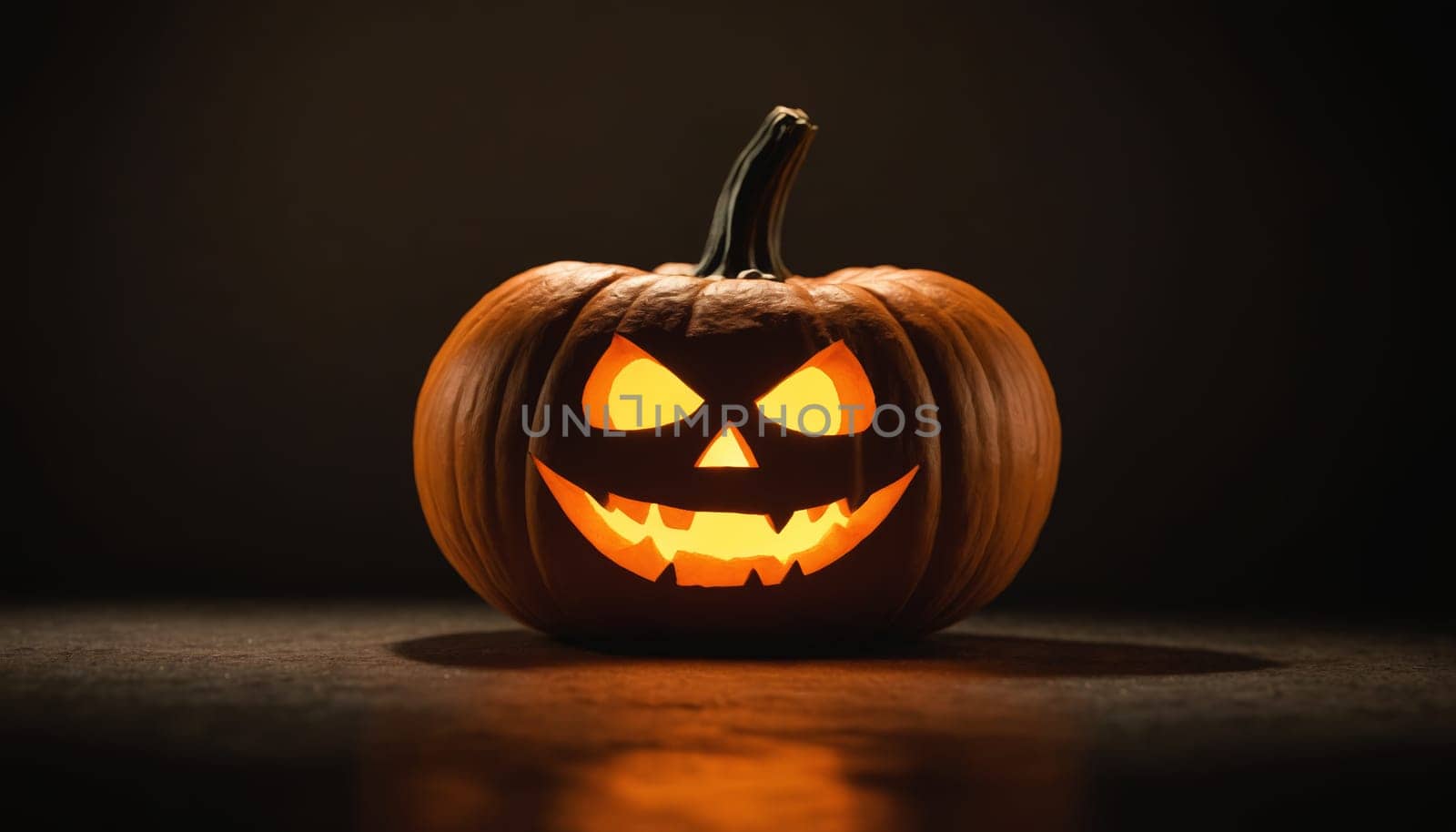 A sinister-looking pumpkin, expertly carved with sharp features, emanates a warm glow from within, casting flickering shadows in a darkened space, perfect for Halloween.