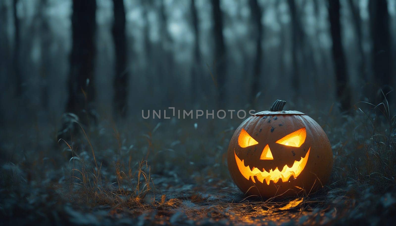 In the stillness of the forest at night, a carved jack-o'-lantern glows brightly. Its menacing grin and flickering light create an atmosphere full of Halloween spirit and mystery.