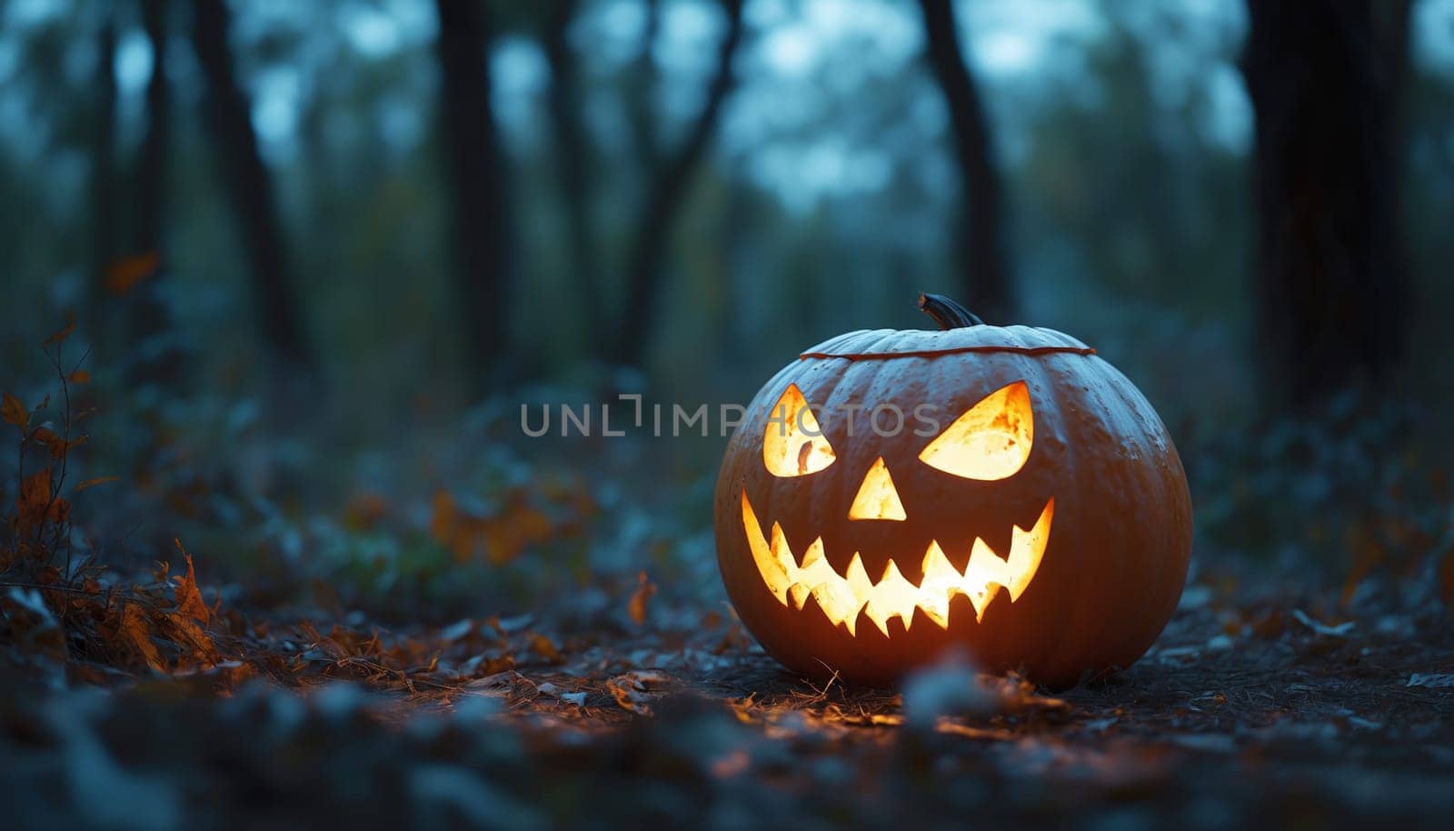 Nestled among fallen leaves in a shadowy forest, a carved pumpkin grins menacingly, its flickering light casting eerie shapes in the dusk, creating an enchanting Halloween atmosphere.