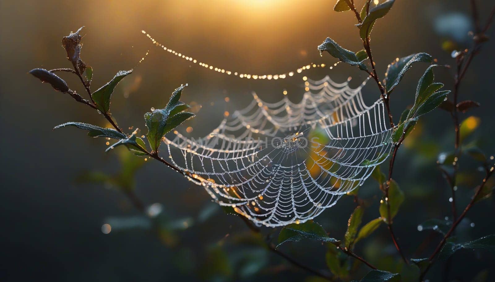 A mesmerizing spider web stretches between vibrant green leaves, shimmering with dew drops as the soft morning light filters through, creating a tranquil atmosphere.