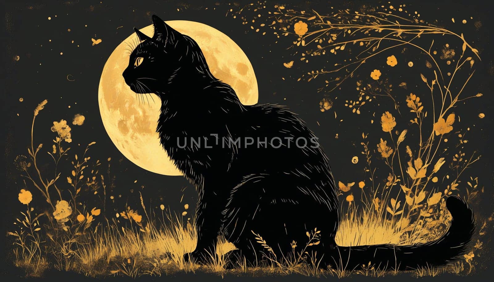 The silhouette of a black cat sits elegantly against a backdrop of a luminous full moon, surrounded by twinkling stars, evoking a magical and calm atmosphere of the night.
