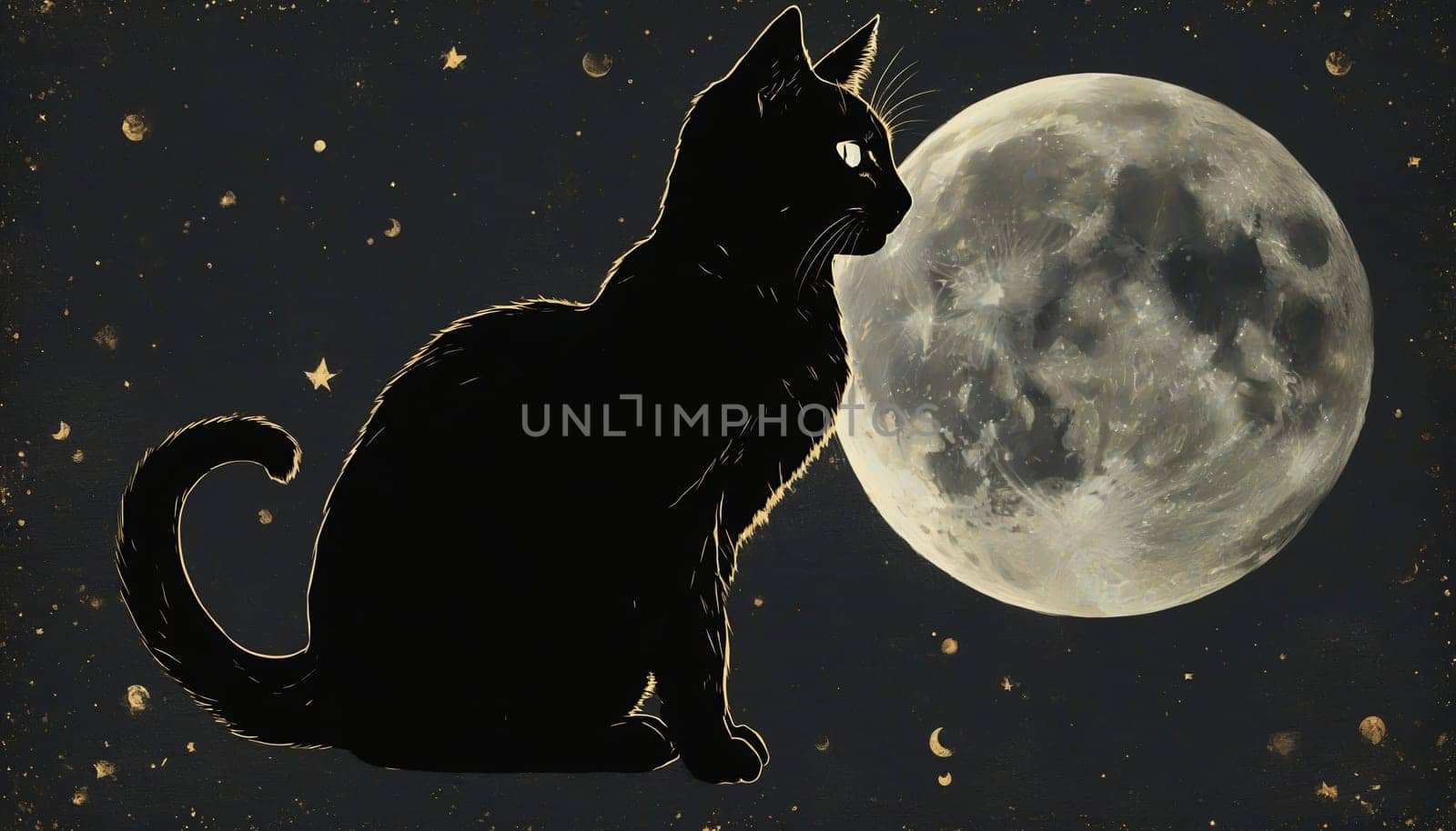 The silhouette of a black cat sits elegantly against a backdrop of a luminous full moon, surrounded by twinkling stars, evoking a magical and calm atmosphere of the night.