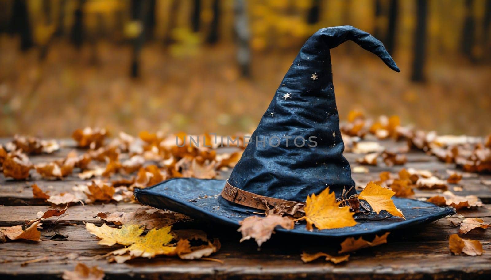 A blue wizard hat adorned with stars sits on a weathered wooden platform, surrounded by colorful autumn leaves that fall gently in a serene forest.